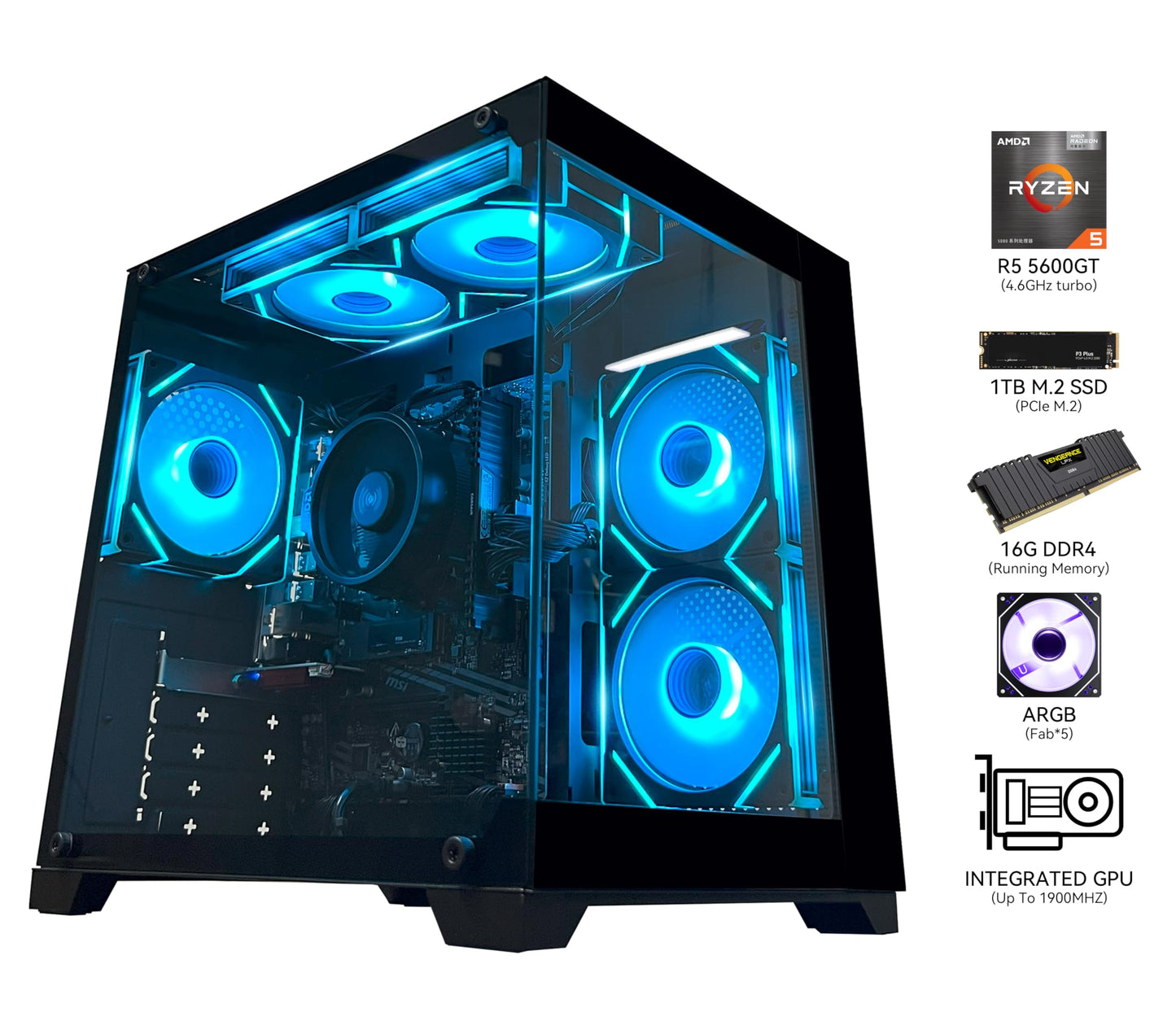 YAWYORE Gaming PC Desktop Computer AMD R5 5600GT 16GB 1TB NVMe Towers WiFi