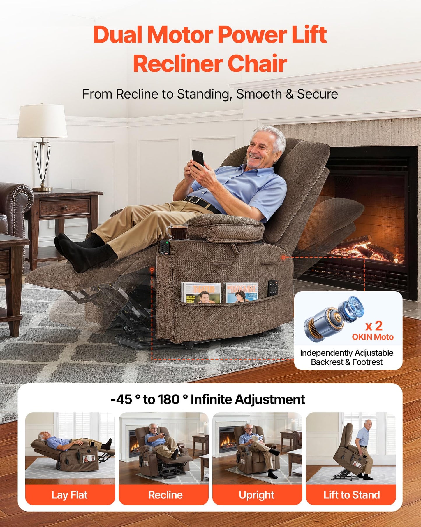VEVOR Large Power Lift Recliner Chair, Dual Motor Lift Chair with Heat and Massage for Elderly, Position Adjustable with Side and Front Pockets, Cup Holders, Velvet Fabric, Brown