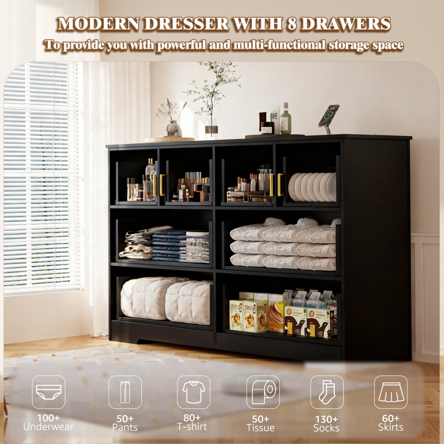 AXCIGOC 8 Drawer Dresser for Bedroom with Power Outlets Wide Chest of Drawers with Smooth Guide Rail Modern Wooden Dressers with Metal Handle Large Dresser Bedroom Living Room Hallway Closet Black