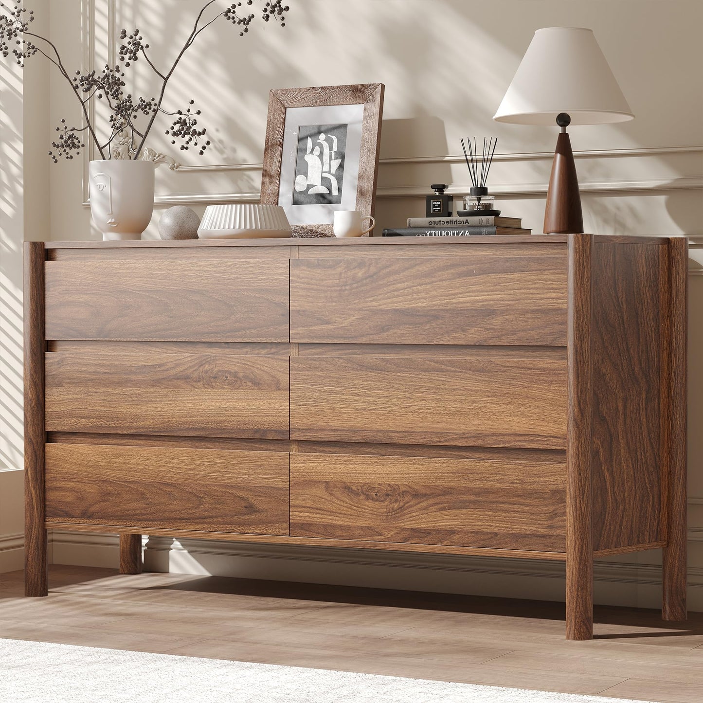 CHUWELL Walnut 6 Drawers Dresser for Bedroom, 47.2" Wide Mid Century Modern Chest of Drawers with 4 Solid Wood Cylindrical Legs and Large Storage Space, Large Dresser for Bedroom
