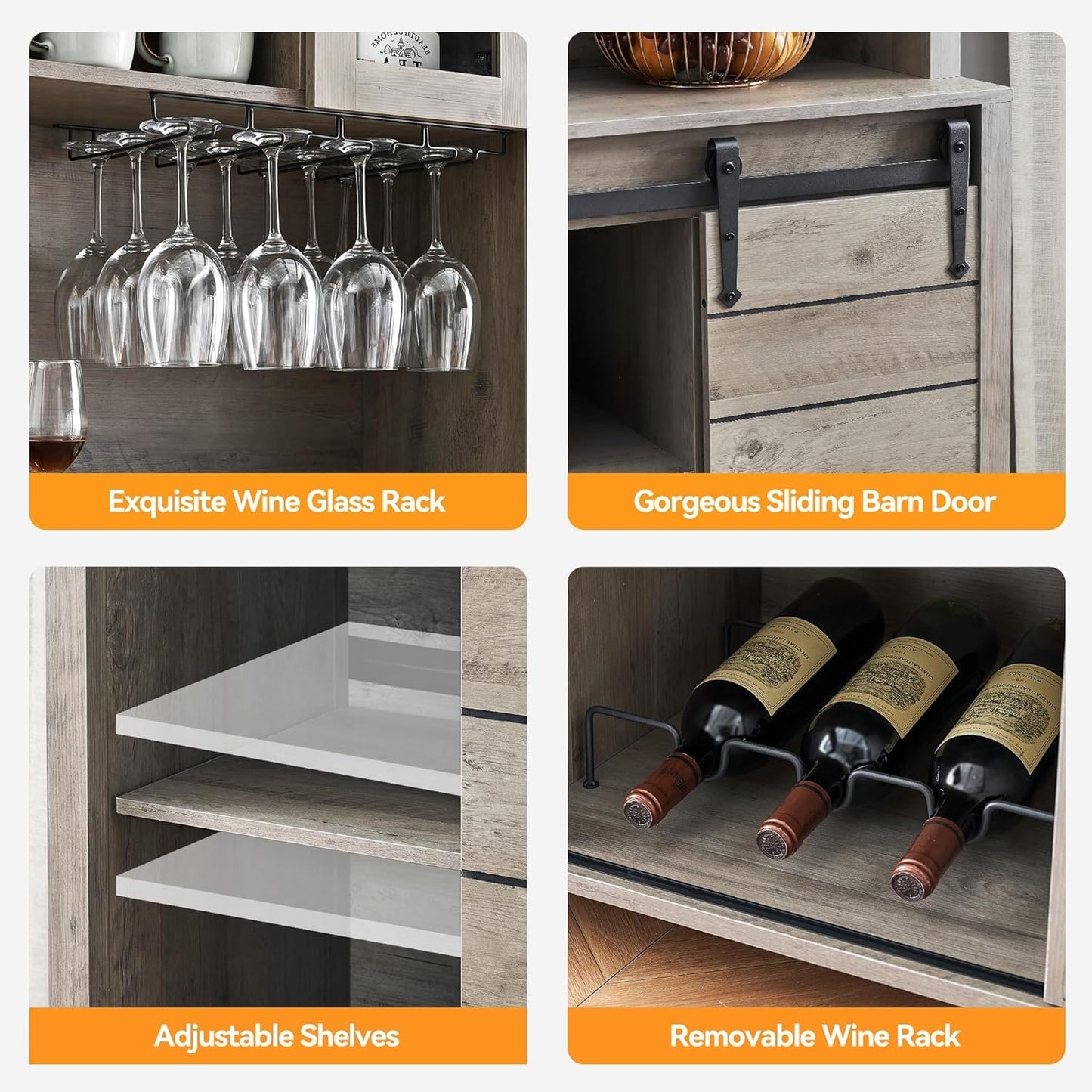 IDEALHOUSE 70'' Wine Coffee Bar Cabinet with Storage Hutch, Tall Kitchen Pantry Liquor Cabinet with Sliding Barn Doors, Bottle Glasses Rack, Farmhouse Buffet for Home Dining Room, Gray Oak