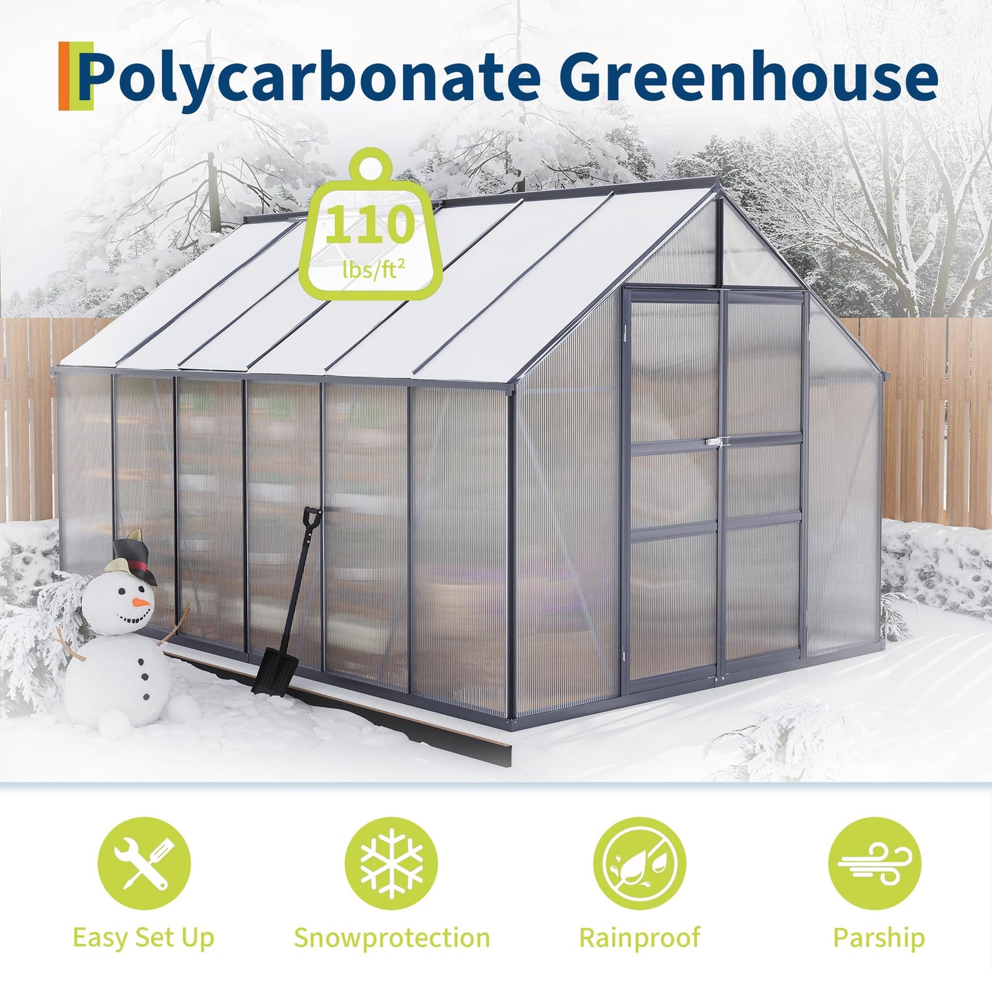 Garvee 8x12 FT Outdoor Greenhouse - Quick Setup Structure, Polycarbonate with Lockable Door, 2 Roof Vents, Aluminum Walk-in Heavy Duty, Perfect for Garden Backyard