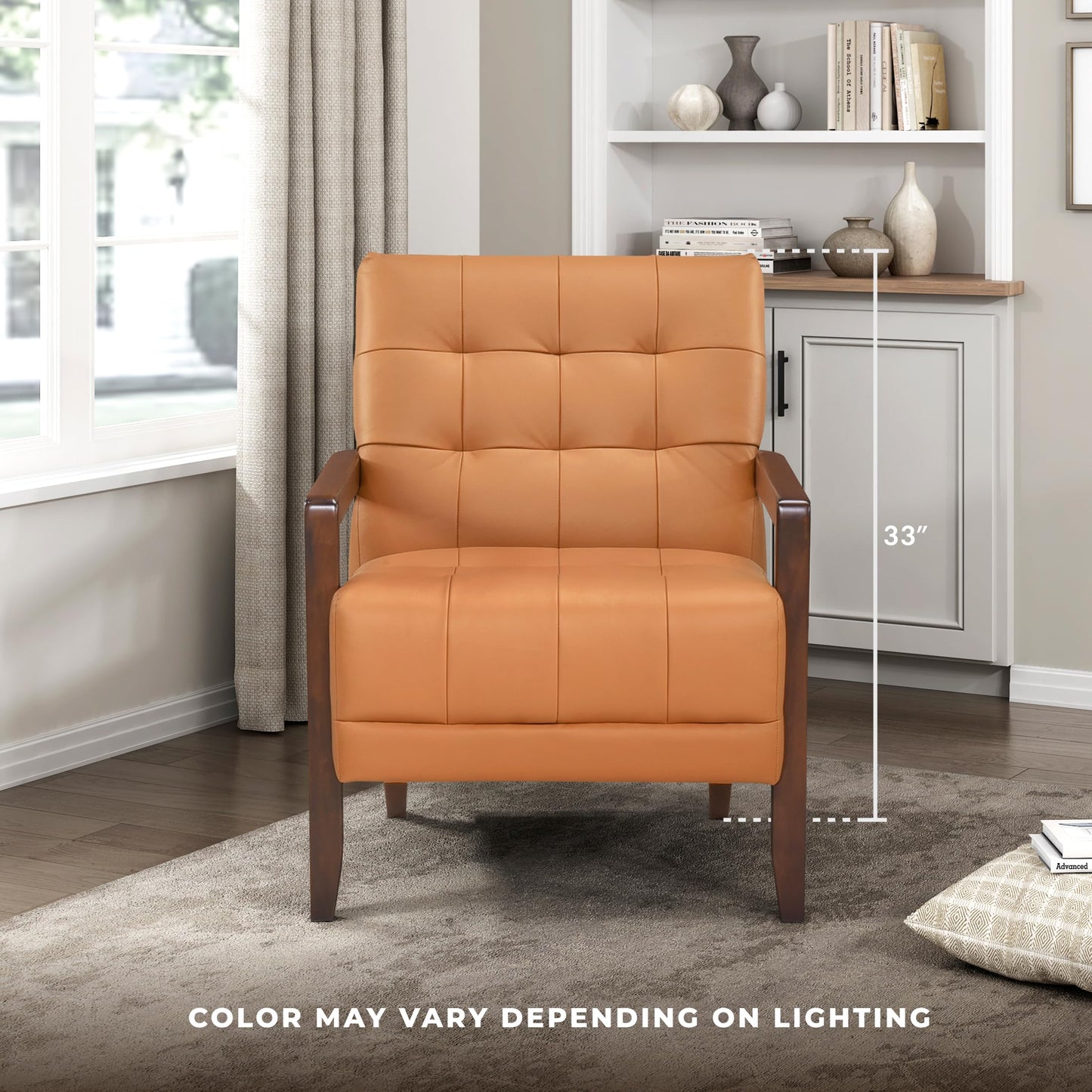 Lexicon Modern Accent Chair, Luxury Genuine Leather Match Living Room Chair with Tufted Cushions, Solid Wood Frame and Arm Rest, Comfy Upholstered Single Seat for Bedroom/Reading/Office, Orange