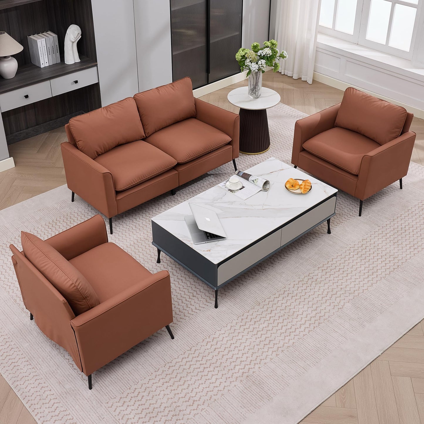 KEIKI Faux Leather Sofa Couch, Living Room Furniture Sectional Sofa Sets of 3 Pcs, Mid Century Modern Decor Sofa Couches, Loveseat & Accent Chair for Small Space, Apartment, Office, Brown