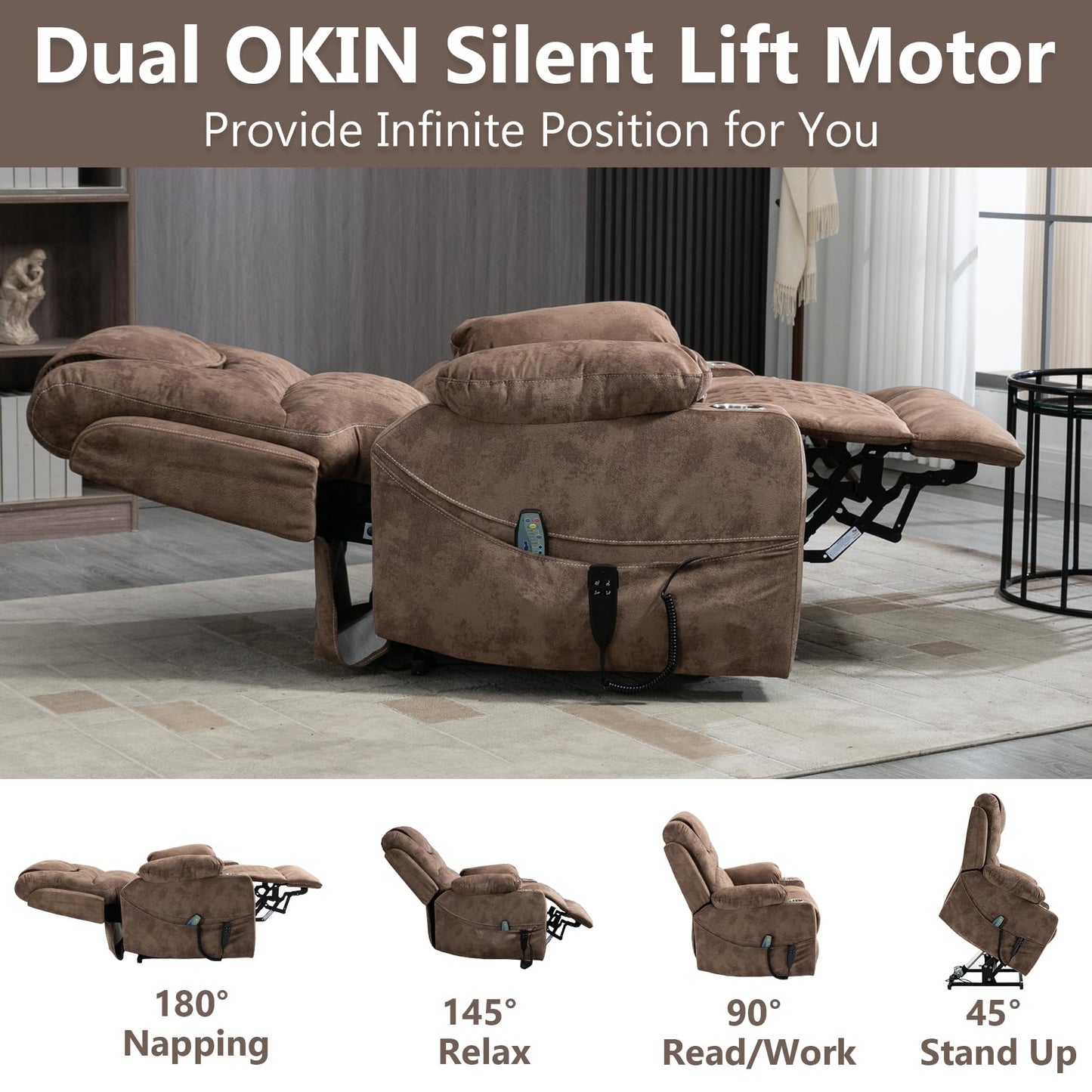 RHHVVR Oversized Power Lift Recliner Chair for Big and Tall, 25" Large Electric Recliner Chair with Massage and Heating, Dual Motor Zero Gravity Recliner Sofa, Velvet, Brown