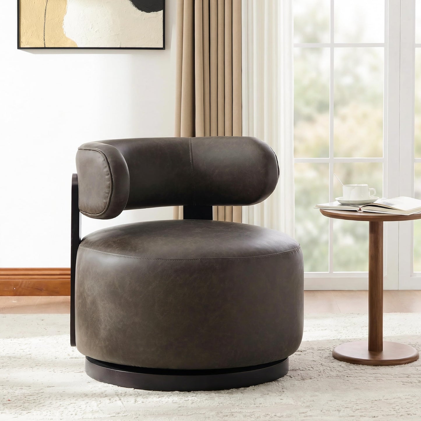 Christopher Knight Home Udon Faux Leather 360° Swivel Accent Chair, Solid Wood Living Room Swivel Chair, Rotating Single Lounge Sofa, Bedroom Comfy Reading Chair, No Assembly Needed, Dark Brown