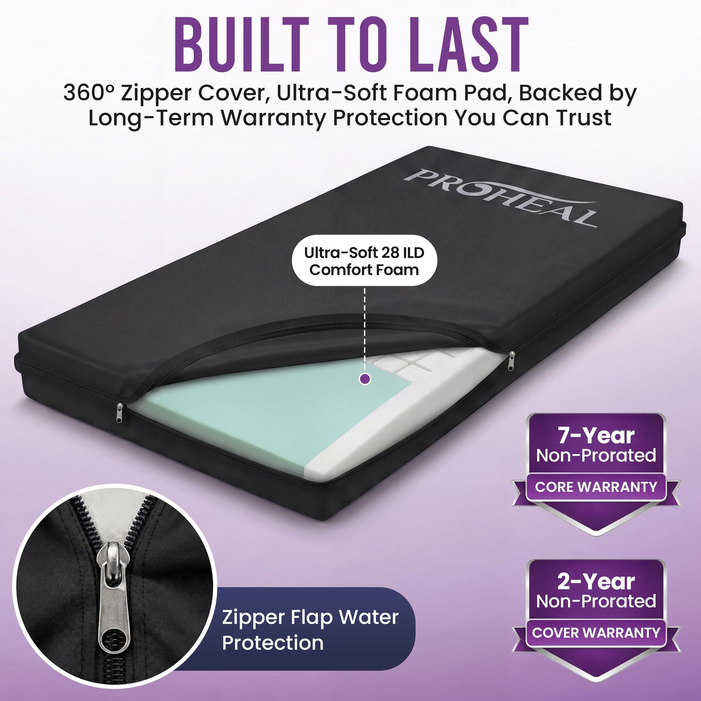 ProHeal Hospital Bed Mattress 36x80x6 Memory Foam, 1000 lb Capacity - Waterproof Cover, Pressure Relief Medical Mattress for Bedsore Prevention - Sloped Heel, Home & Clinical Use