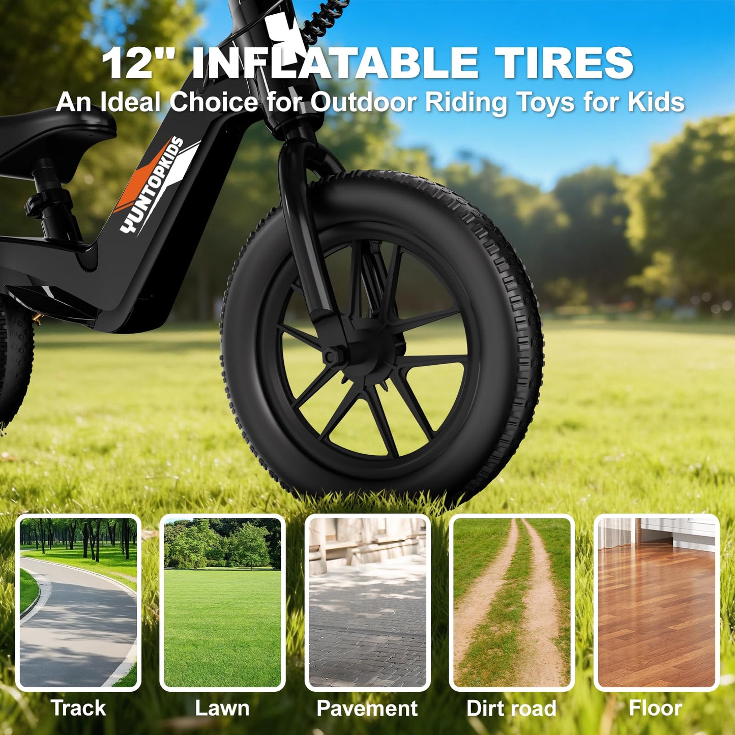 YunTopKids 24V Electric Balance Bike for Kids Ages 3-5, 12" Pneumatic Tires, Safe Kick-to-Start, 3 Speeds Up to 9.3 MPH, 180W Motor, LCD, Quick Charging, LED Lights (Black)