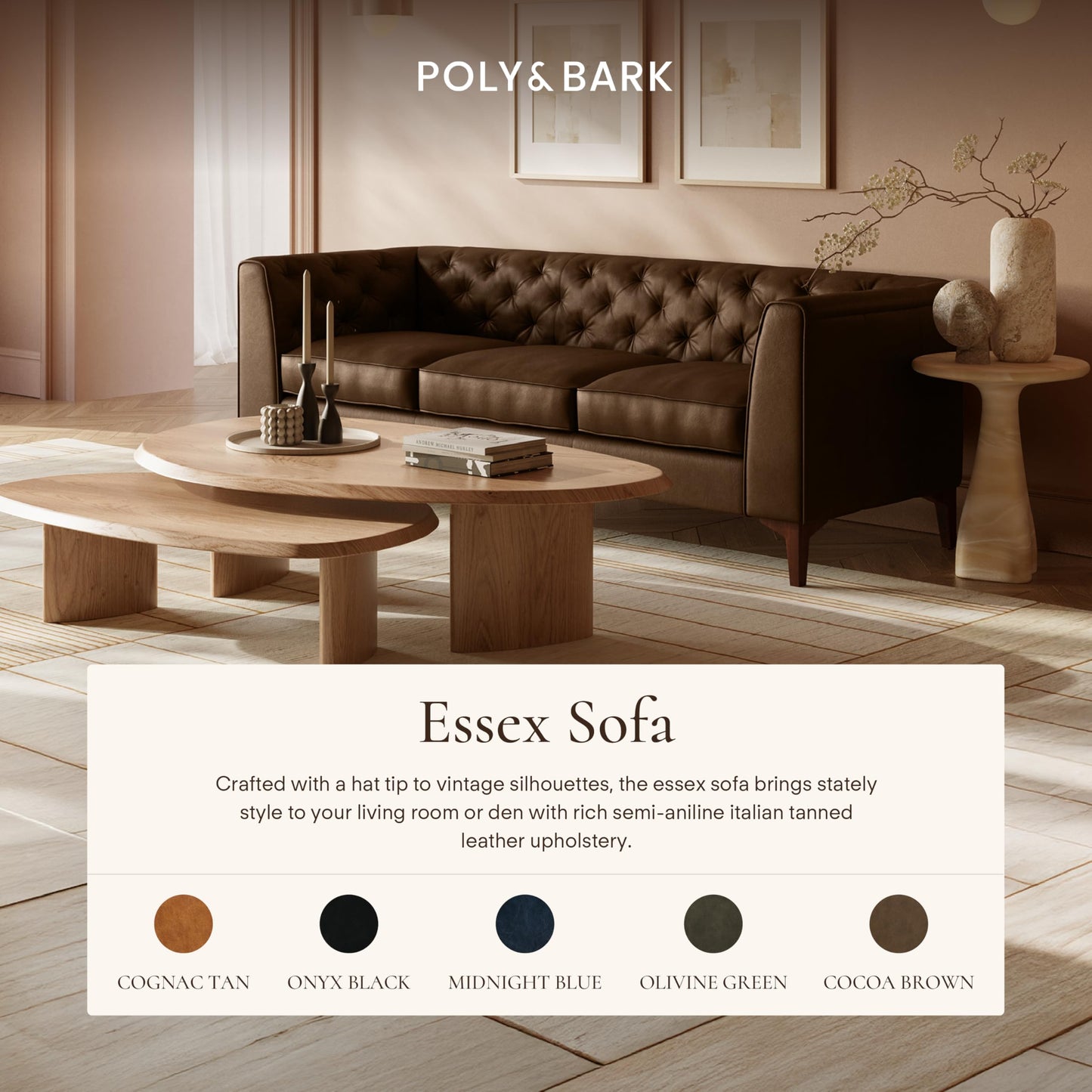 Poly & BARK Essex 89” Full-Grain Italian Leather Sofa – Tufted Back, Feather-Down Comfort, Solid Wood Frame, Cocoa Brown