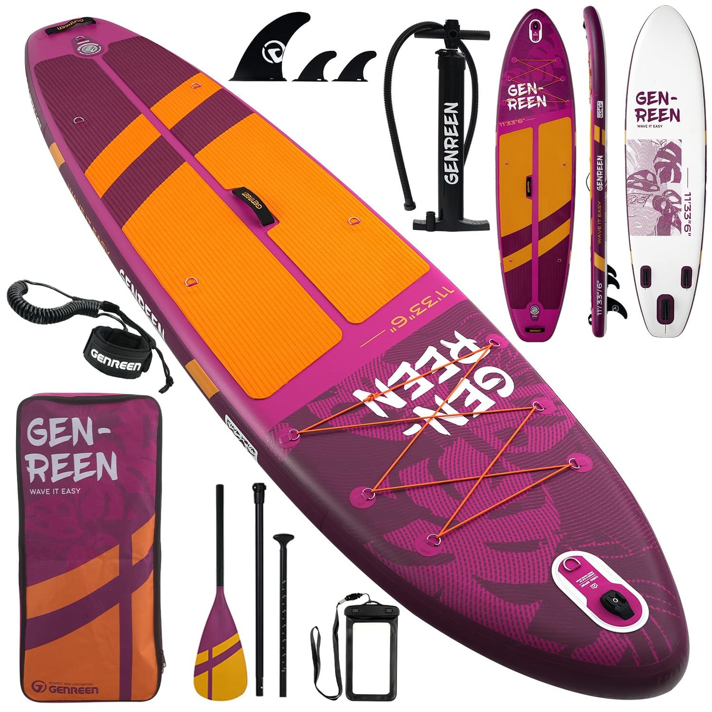 Genreen Paddle Board Stand Up Inflatable SUP Newly Improved 400LBS EVA 0.5cm 3 Fins Quality Inspection5 for Japanese Customers Ultra Stable 11'33"6" Monstera Red Violet Peru