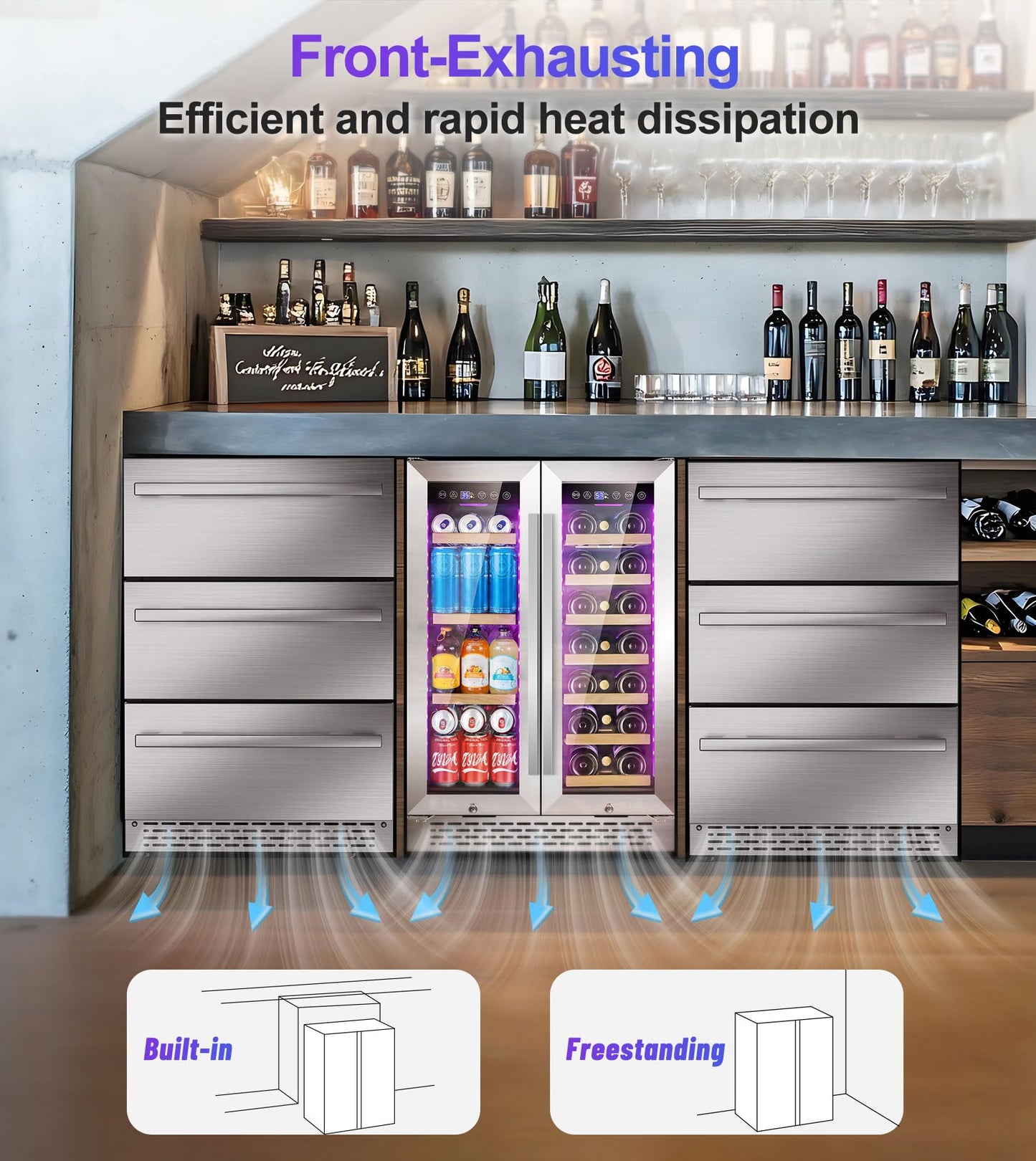 24 Inch Wine and Beverage Refrigerator, 90 Can & 21 Bottle Dual Zone Under Counter or Freestanding Wine Beverage Cooler, 3 LED Stainless-Steel Fridge with Glass Door Fast Cooling for Home/Kitchen