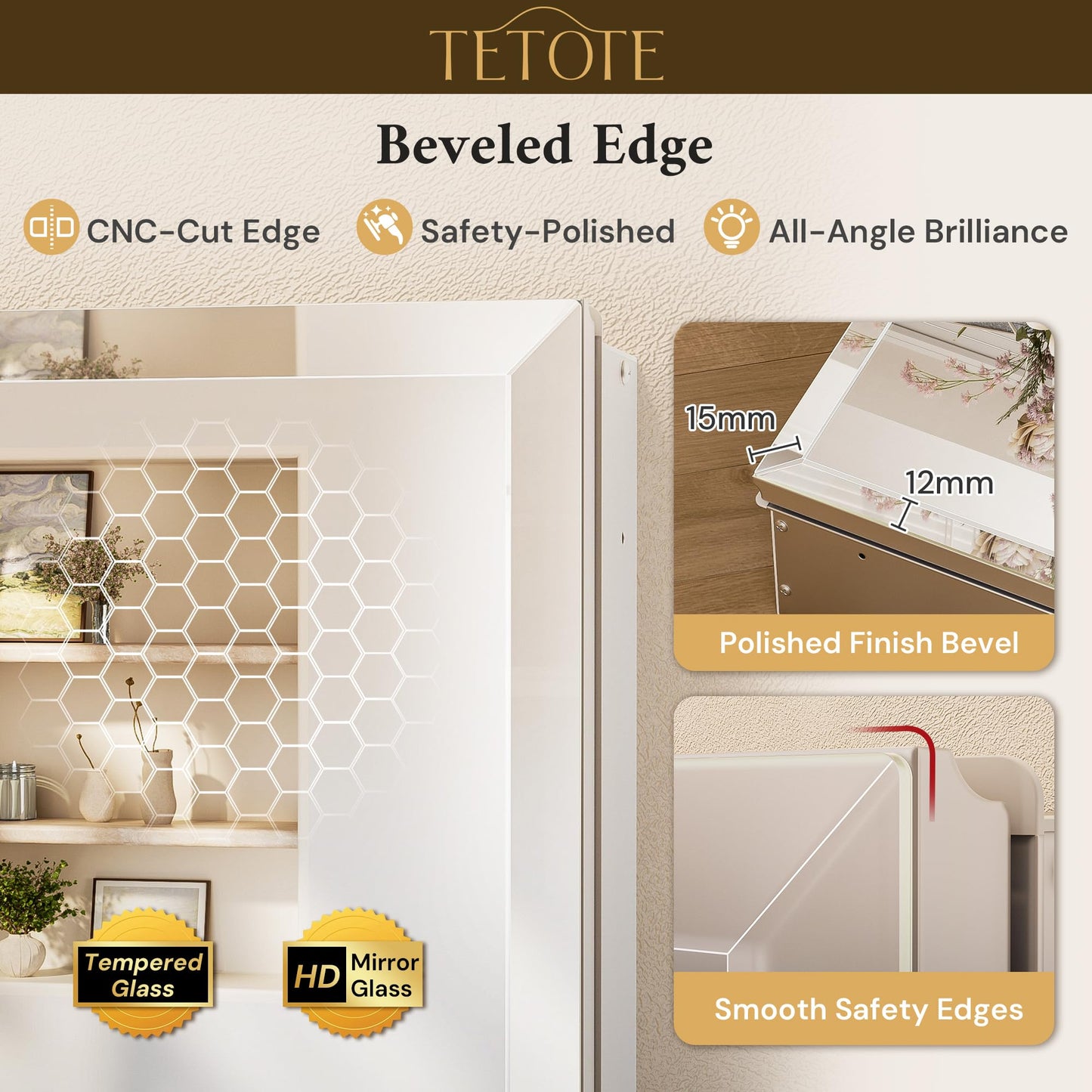 TETOTE 30 x 26 Bathroom Mirror with Storage with Tempered Beveled Mirror Silver Medicine Cabinet Aluminum Cabinet DTC Hinges, Stepless Adjustable Shelves, Recessed/Surface-Mounted