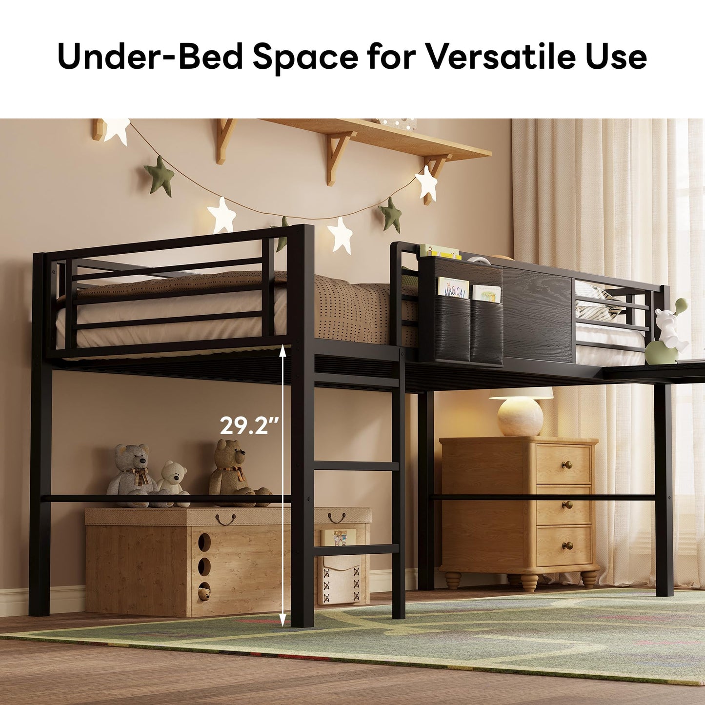 LIKIMIO Low Loft Bed Twin Size, 25 Heavy Duty Steels Support Slats with Desk & Charging Station, Twin Loft Bed with Safety Guardrails and Ladder, Black