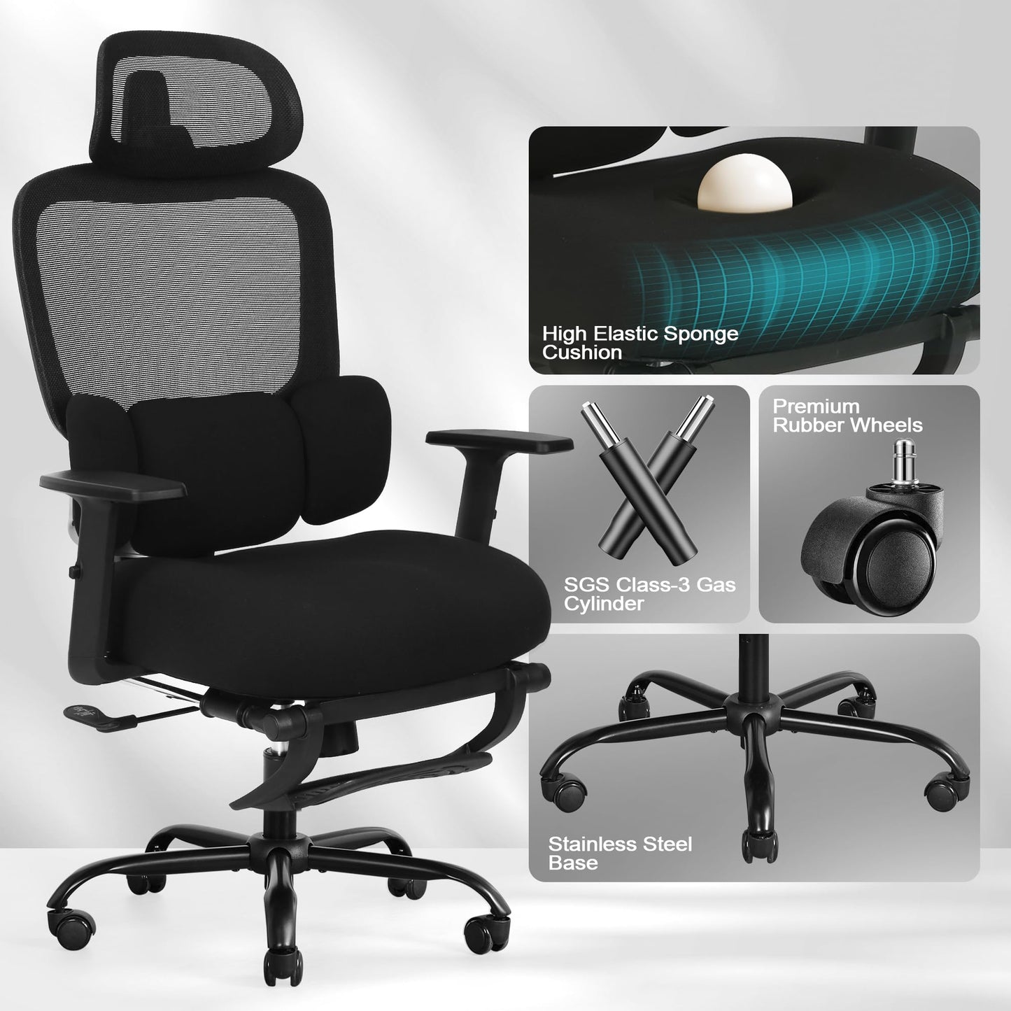 Ergonomic Office Chair with Footrest, Mesh Desk Chair with Adjustable Headrest & Armrests & Dynamic Floating Wing Lumbar Support, High Back Computer Chair for Home Office, BIFMA Certified, Black
