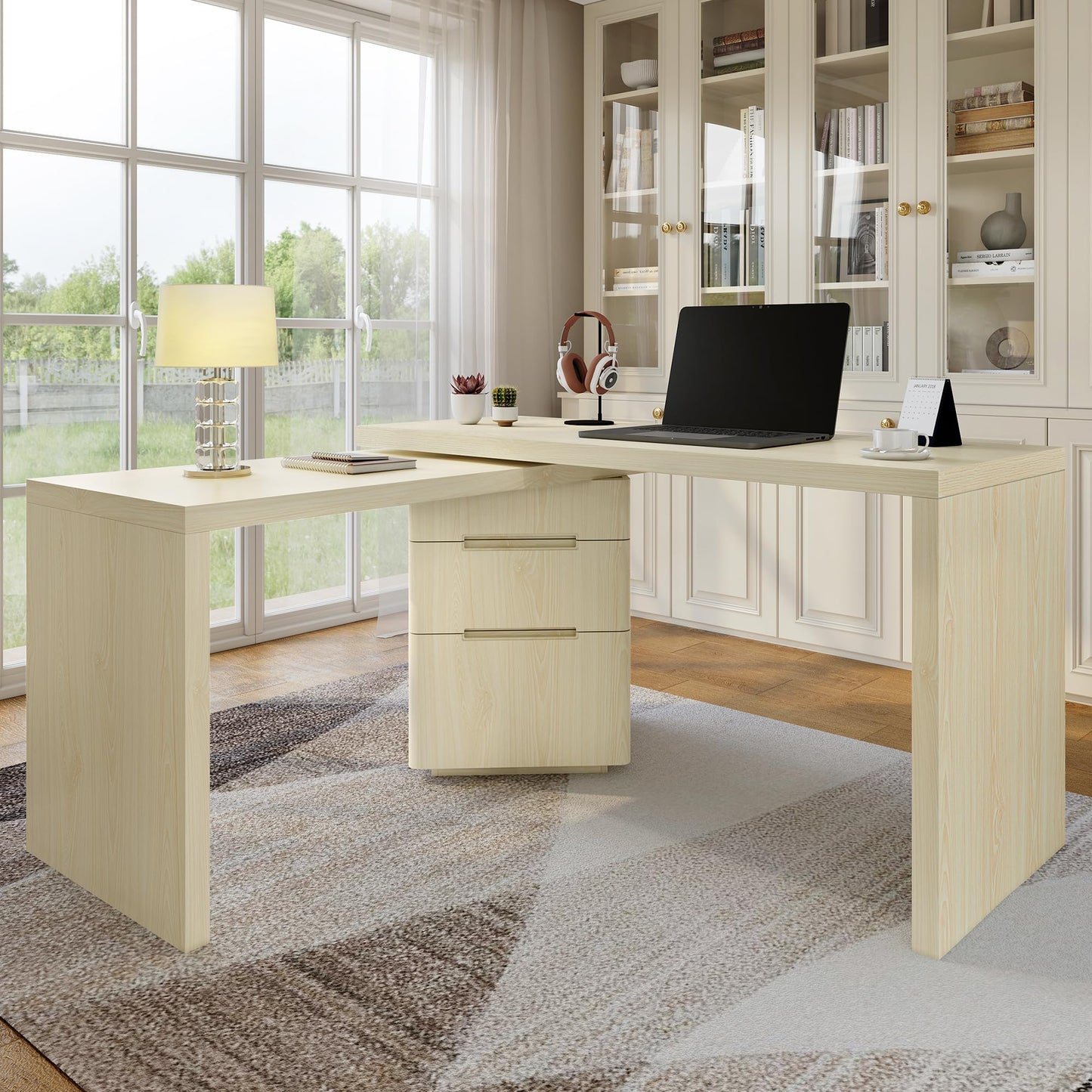 Merax 360° Rotating L-Shaped Desk with 3 Drawers | 90" Modern Corner Computer Desk for Home Office, Living Room, Executive Writing Study Work, Natural Wood
