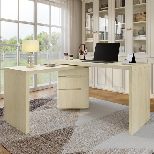 Merax 360° Rotating L-Shaped Desk with 3 Drawers | 90" Modern Corner Computer Desk for Home Office, Living Room, Executive Writing Study Work, Natural Wood
