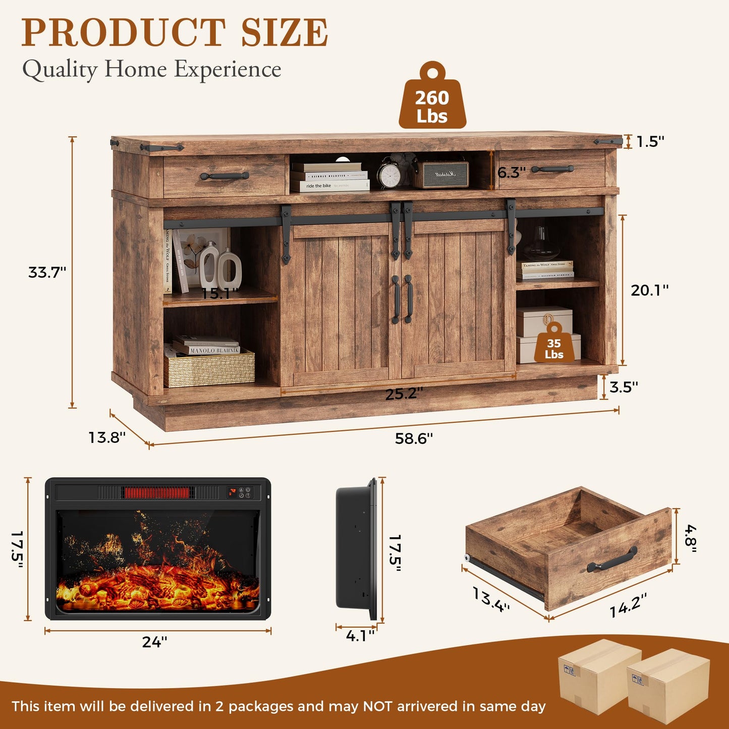 Jocoevol 58" Farmhouse Electric Fireplace TV Stand for TVs up to 65", Entertainment Center with 2 Large Storage Drawers, Sliding Barn Doors, Adjustable Shelves, TV Console for Living Room - Brown
