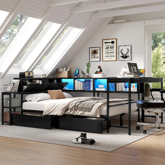Bellemave Twin Size Corner Bed Frame with Desk and Storage Drawers,Twin Metal Platform Corner Bed Frame with Charging Station and LED Lights, Twin Daybed for Kids Teens Guests,Black