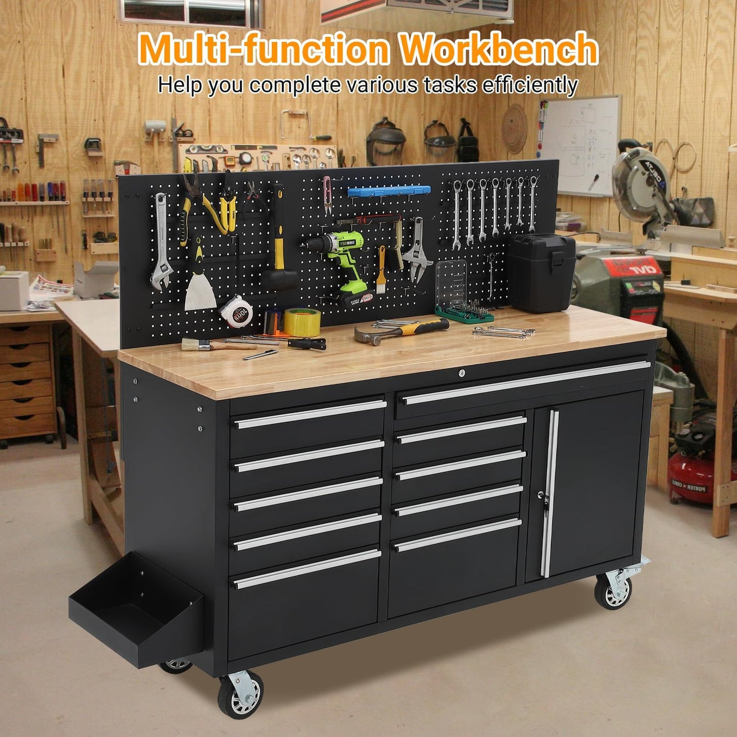 61" Rolling Tool Chest Workbench with 10-Drawers & Solid Rubber Wood Top, Mobile Heavy Duty Tool Storage Cabinet with Lock, Casters, Drawer Liner & 1675 LBS Load Capacity, Includes Power Strip