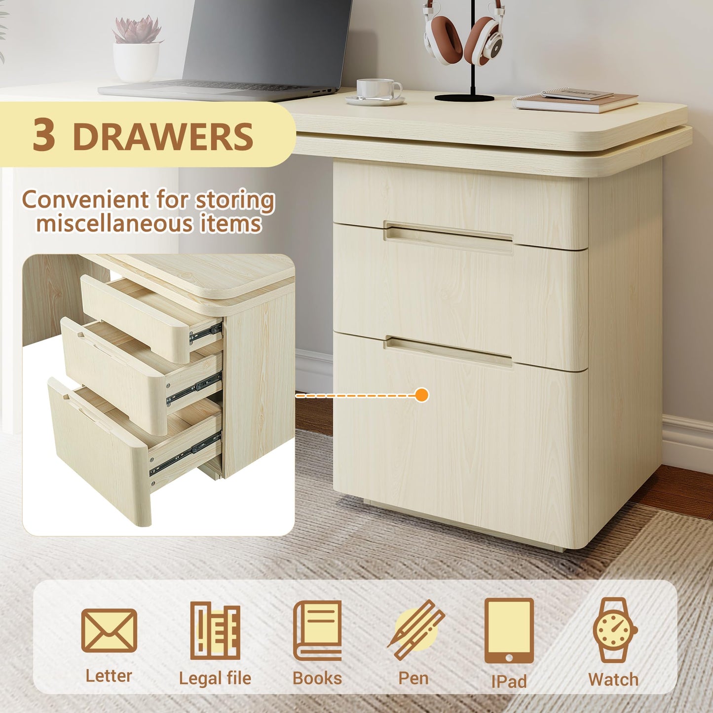 Merax 360° Rotating L-Shaped Desk with 3 Drawers | 90" Modern Corner Computer Desk for Home Office, Living Room, Executive Writing Study Work, Natural Wood