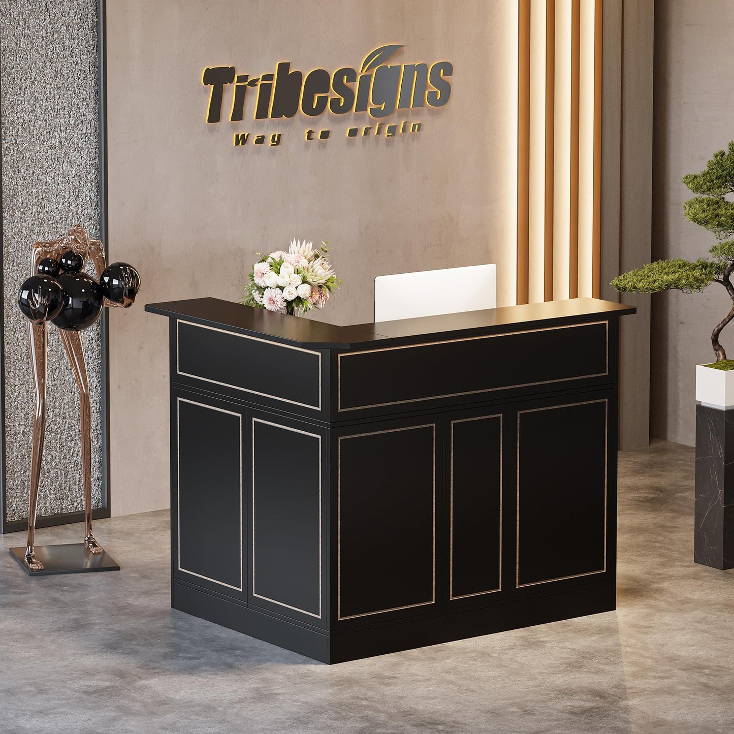 Tribesigns L-Shaped Bar Cabinet, 4-Tier Corner Bar Unit with Stemware Racks, Black
