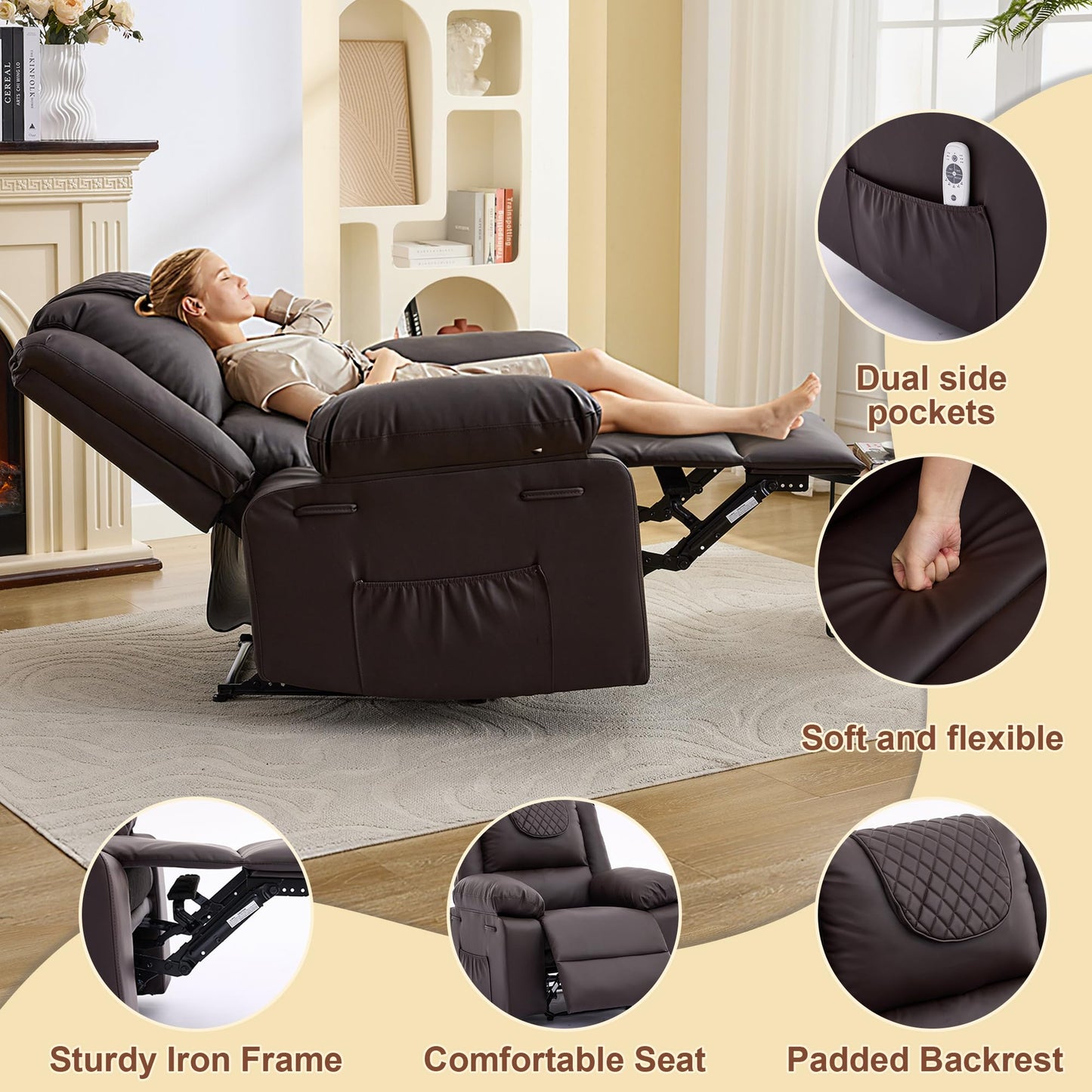 Adult Manual Recliner with Heating and Massage Functions (135° Front and Rear Adjustment) - Equipped with Side Storage Pockets and Remote Control, Suitable for Living Room and Bedroom(Coffee)