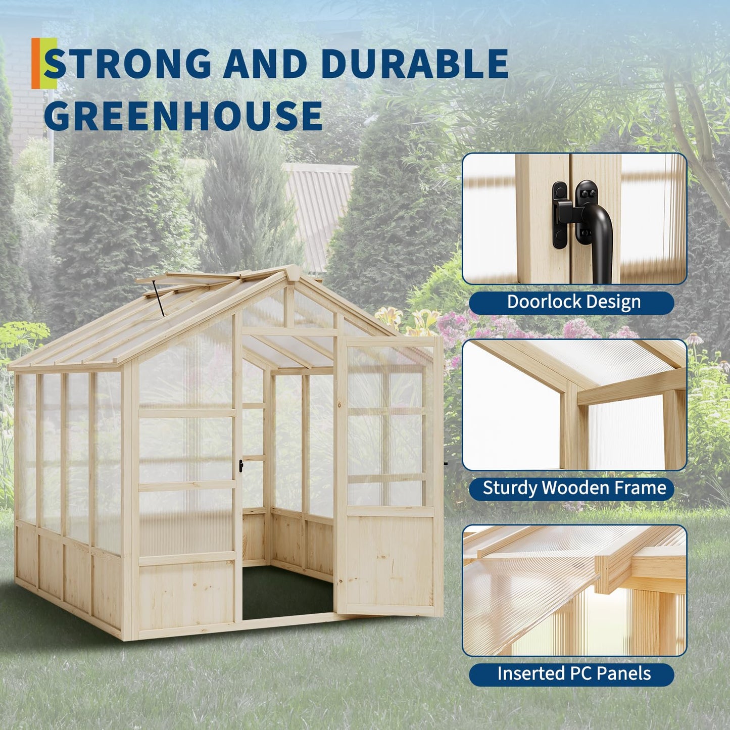 8x8FT Wooden Greenhouse, Greenhouses with Lockable Door, Wood Frame & Adjustable Vent, Greenhouse with for Outdoor, Garden, Yard, Light Brown