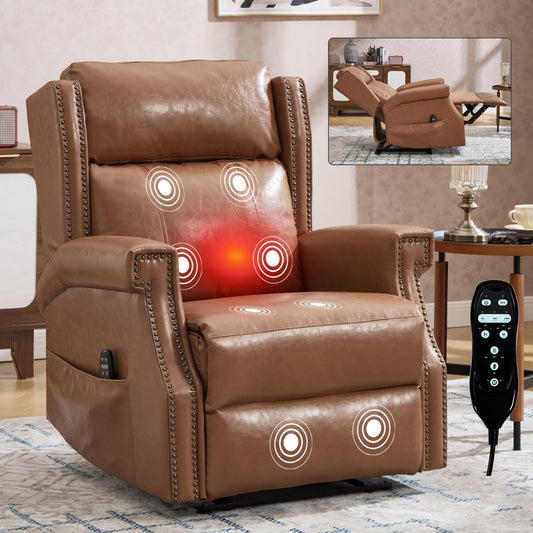 KEIKI Mid Century Modern Oversized Recliner Accent Chair for Adults, Manual Leather Recliner Chair with Back Massager and Heating for Living Room, Home Soft Rocking Lounge Reading Chair, Camel