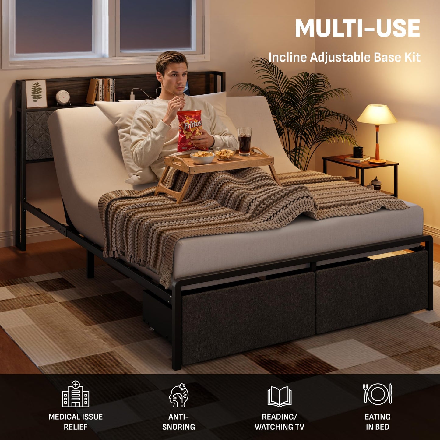 Softa Queen Adjustable Bed Frame with Storage Headboard and Charging Station, Power Head Lift with 2 Footboard Drawers, Upholstered Metal Frame, No Box Spring Needed