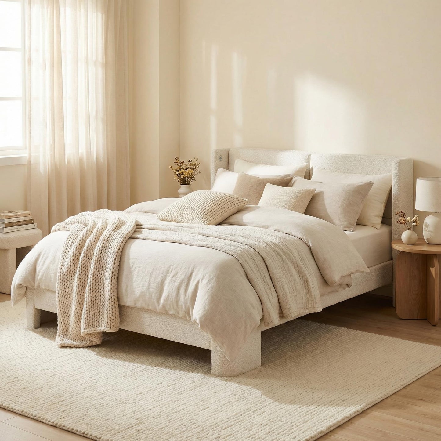 LIKIMIO Queen Bed Frame with Headboard, Upholstered Boucle Platform Bed with USB Ports, Base Camas Queen No Box Spring Needed, Cream White