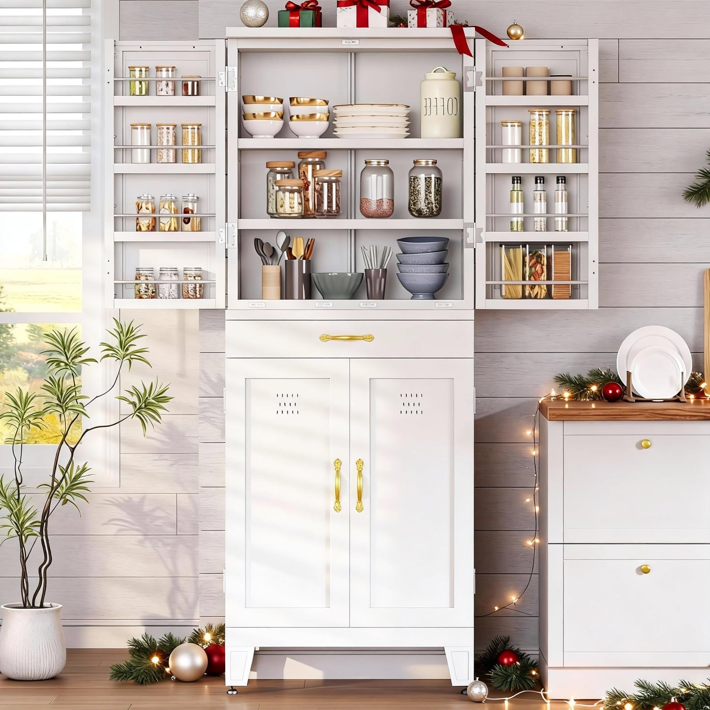 DWVO Metal Storage Cabinet, 71" Kitchen Pantry Cabinet with 4 Door & 4 Adjustable Shelves & Drawer & Door Rack, 6-Tier Tall White Steel Cabinets for Kitchen, Living Room, Dining Room