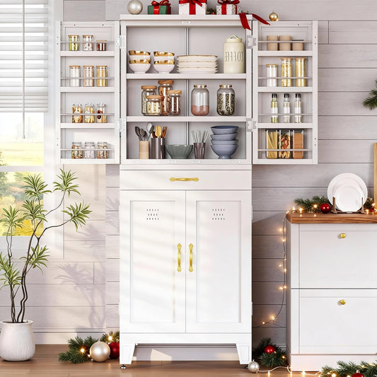 DWVO Metal Storage Cabinet, 71" Kitchen Pantry Cabinet with 4 Door & 4 Adjustable Shelves & Drawer & Door Rack, 6-Tier Tall White Steel Cabinets for Kitchen, Living Room, Dining Room