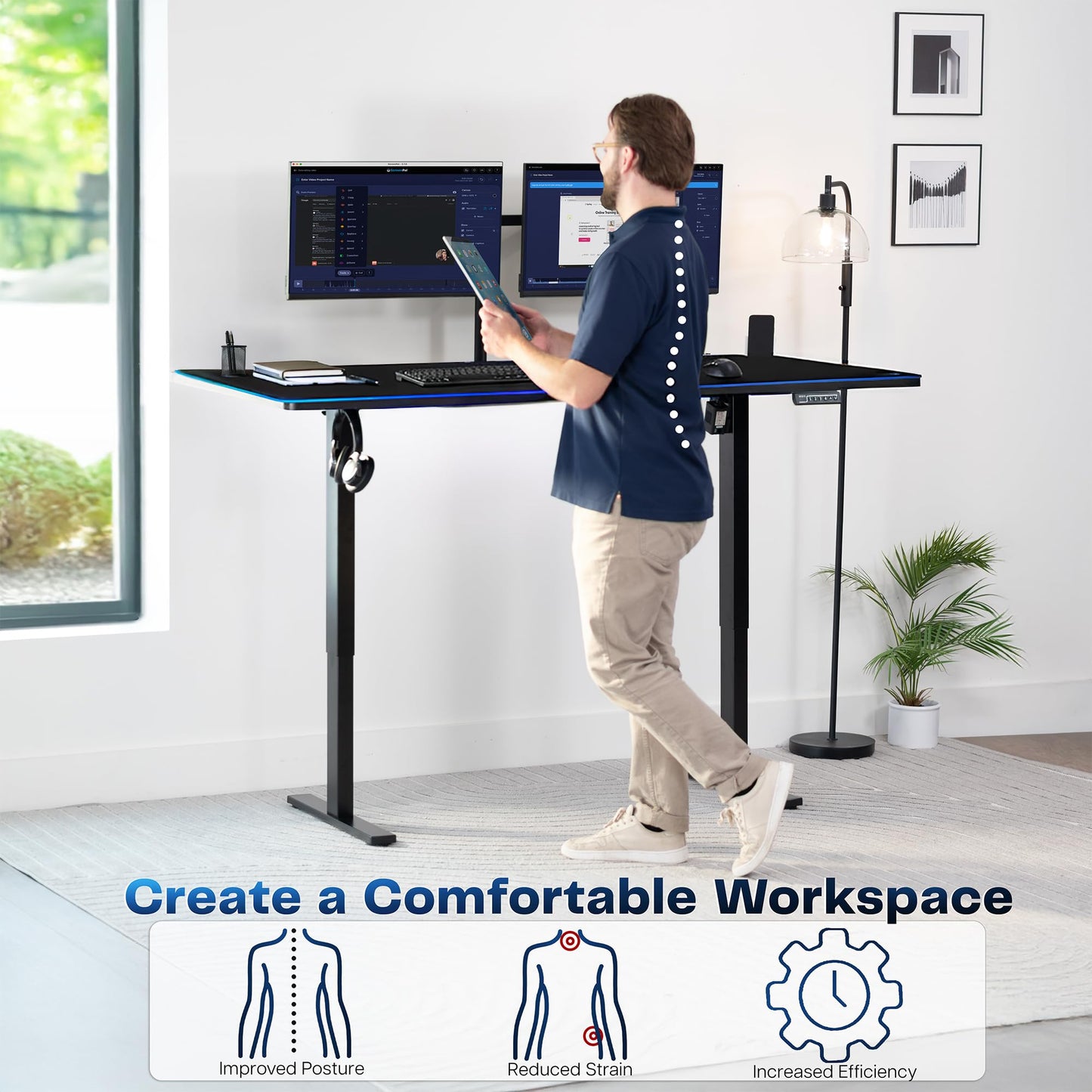 VIVO Electric 71 x 30 in Standing Desk with Full-Size RGB Mouse Pad, Memory Height Adjustment, 1B Series, Holds 220 lbs, Black Top Black Frame, DESK-KIT-1B7BP