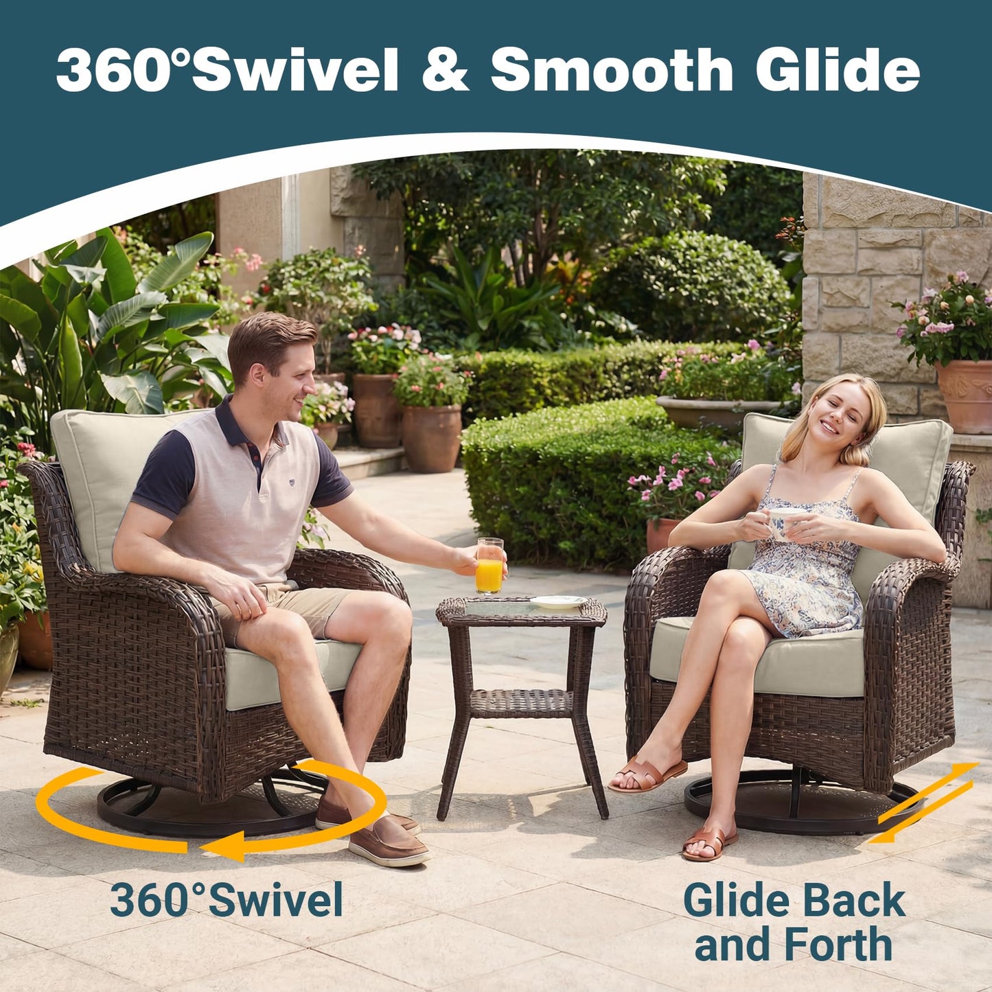ADRERIC Luxury Patio Conversation Set, 3-Piece Ergonomic High Back Wicker Swivel Chair Set with 6-Inch Deep Seating Cushions, Large Patio Furniture Set for Garden, Deck & Balcony, Beige