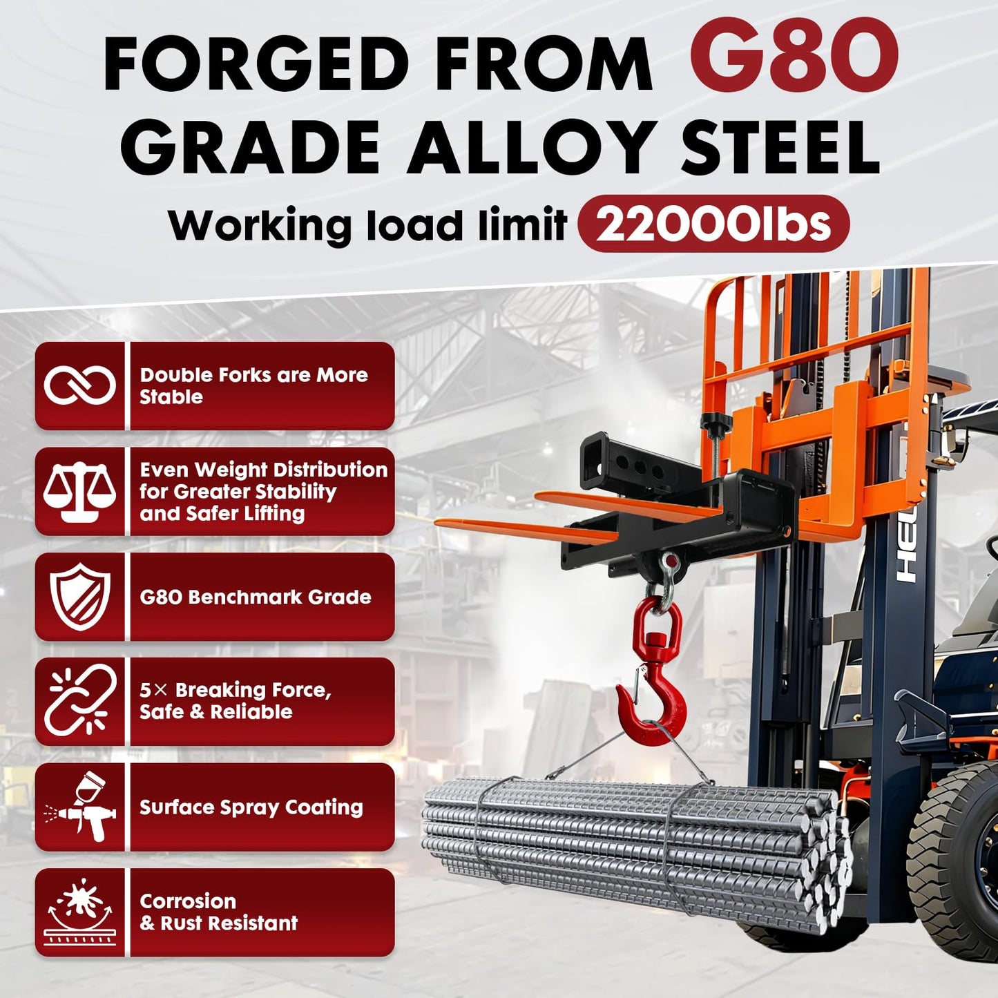 10 Ton Heavy Duty Forklift Lifting Hook, Forklift Trailer Hitch Attachment for Lifting & Towing Generators and Machinery, Fork Lift Attachment Fits Standard Forklift Tractor Forks (MAX 22000lbs)