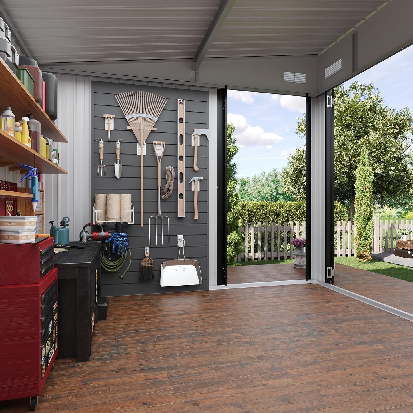 Breezestival Storage Shed 8'x10' Metal Outdoor Sheds with Triple Doors Utility Sheds for Vertical Storage, Dual Lock Lean to Shed Galvanized Steel with Sloped Roof for Mower,Bike,Garden Tools (Black)