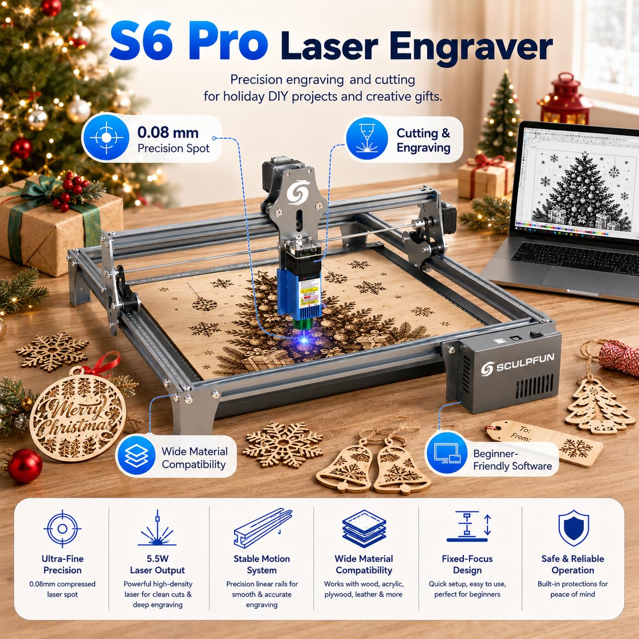 SCULPFUN S6 Pro Laser Engraver, 5500mW Output L-aser Cutter for Beginners, Laser Class 4, Logo Marking Machine, DIY Engraving Machine for Wood, Black Acrylic, Leather, Coated Ceramic...