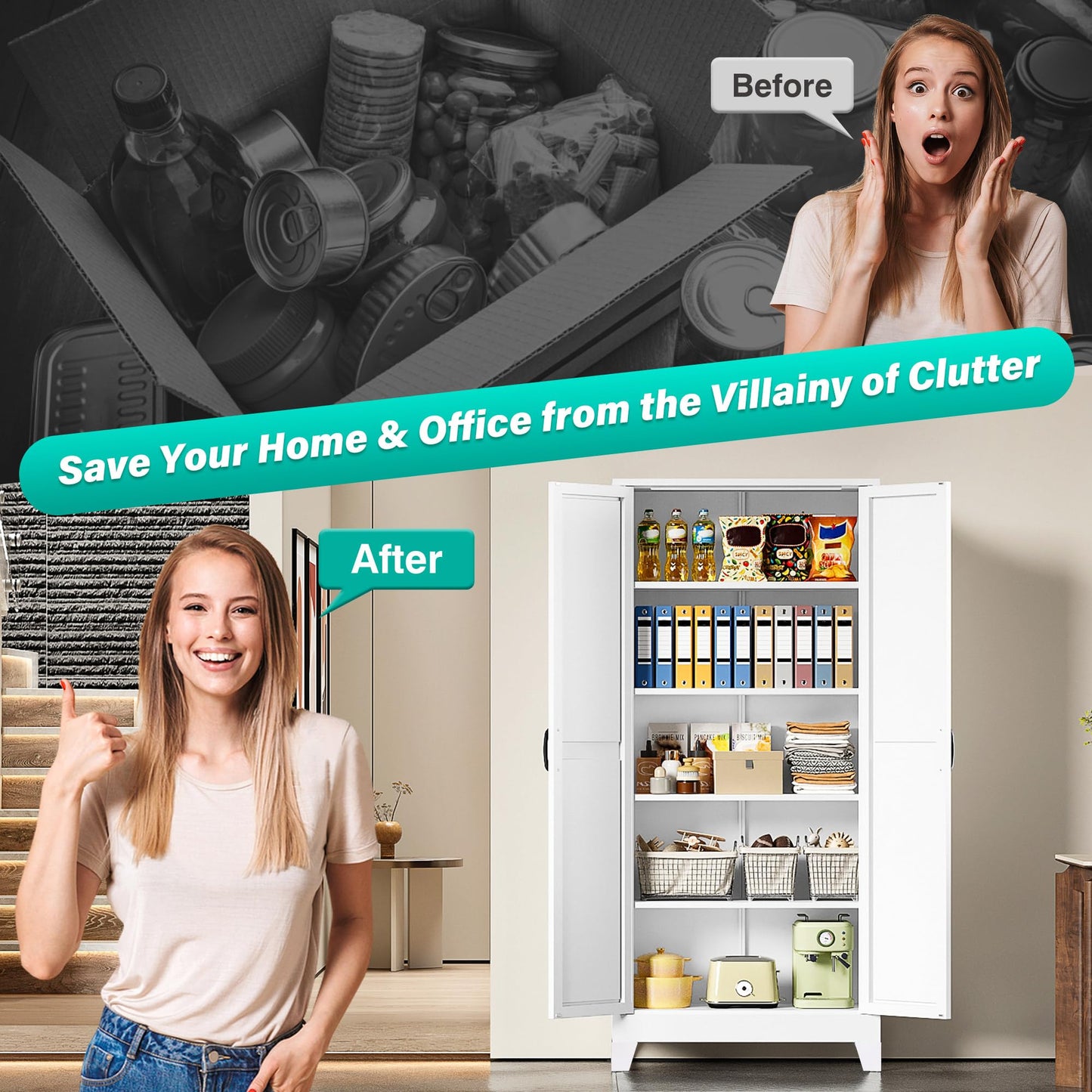 SISESOL Wide & Deep Pantry Storage Cabinet with 2 Doors and 5 Shelves,72" Tall Farmhouse Storage Cabinet,Large Cupboard Closet,White Cabinets for Home,Kitchen,Bathroom,Dining/Living Room