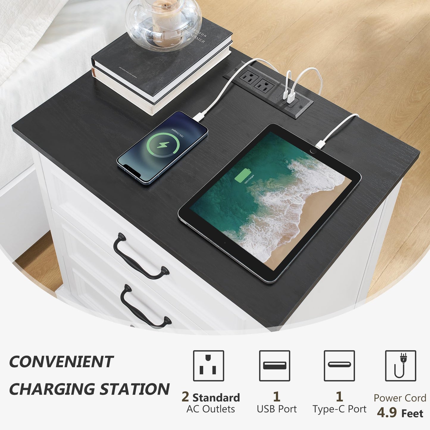 Farmhouse Nightstand Set of 2, Wood Night Stand with 3 Drawers and Charging Station Modern Bedside Table for Bedroom End Side Table Storage Cabinet Small 6 Drawers Dresser (2)