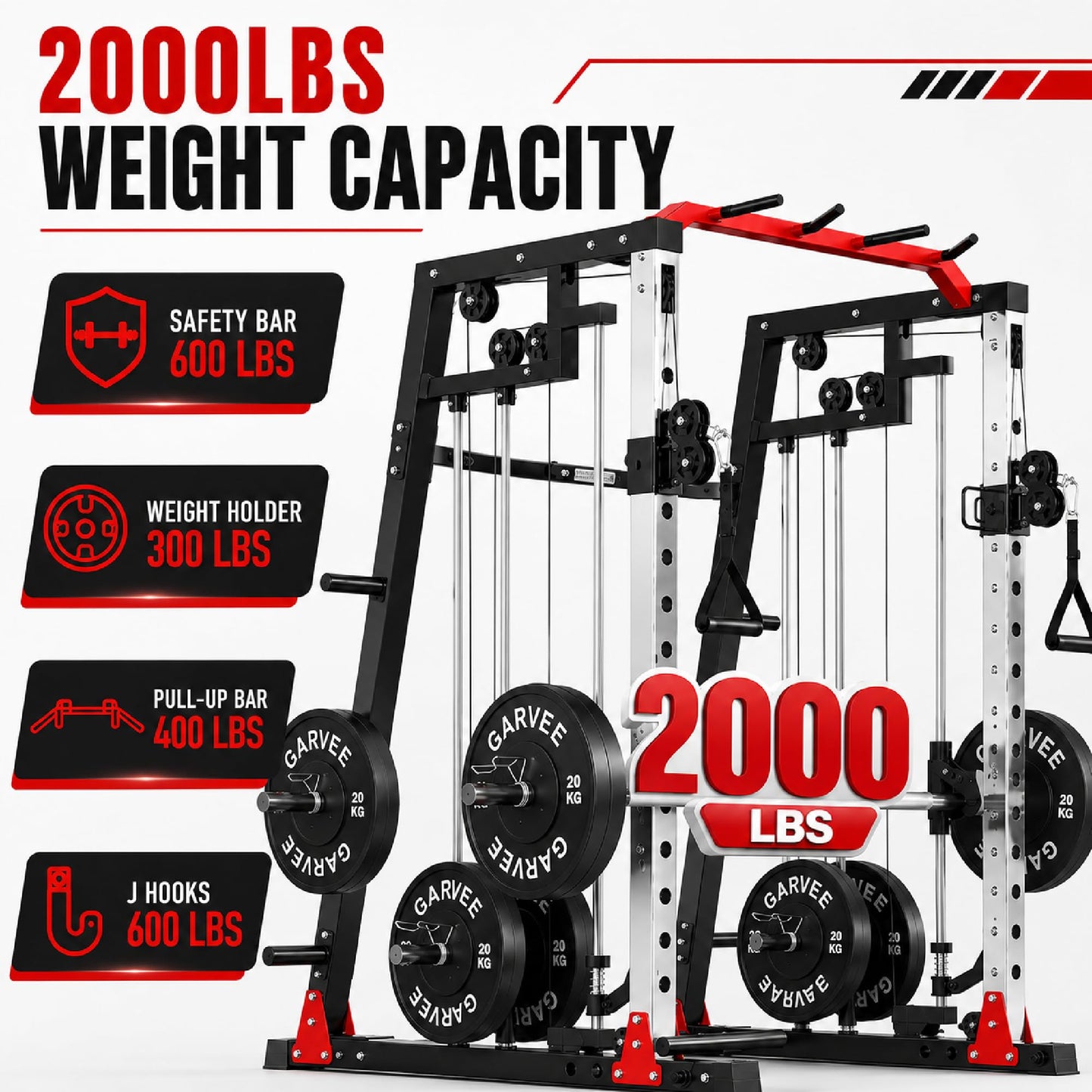 Smith Machine, 2000LBS Power Cage with Cable Crossover System, Squat Rack with Smith Bar, All-in-One Home Gym System, Dual Independent Pulley,LAT Pulldown,Pull-Up Bar, Landmine, J Hooks