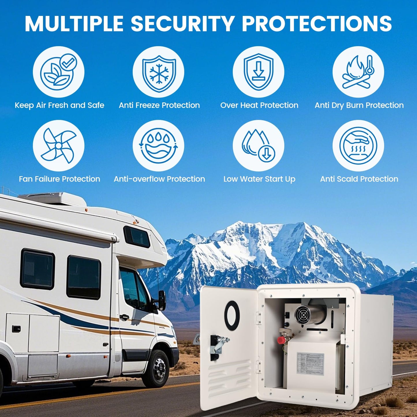 RV Tankless Water Heater with Shower Head, 65,000 BTU Propane Gas, DC 12V, High Altitude Ready with 15x15 Inch Door & Remote Controller Energy Saving & Freeze Protection for RVs