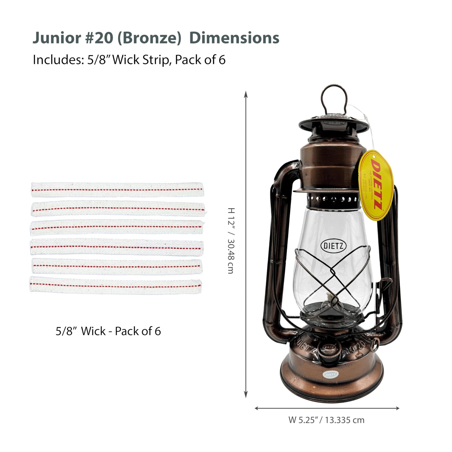 LIGHT OF MINE Oil Lantern - Dietz #20 Junior, Bronze, Borosilicate Glass, 100% Cotton Replacement Wick Strips