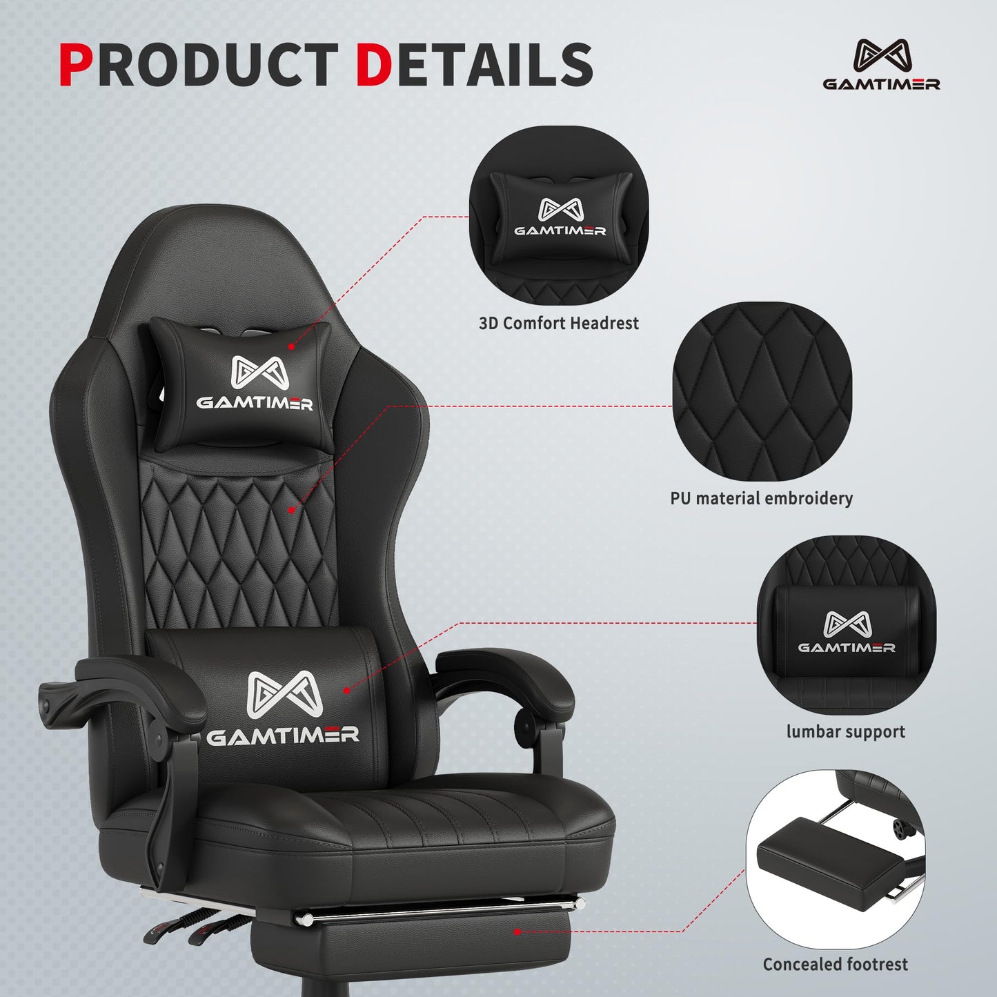Gamtimer Gaming Chair with Footrest, Ergonomic Computer Chair, PU Breathable Material with Headrest and Lumbar Support, Suitable for Silla Gamer and Adults (White)