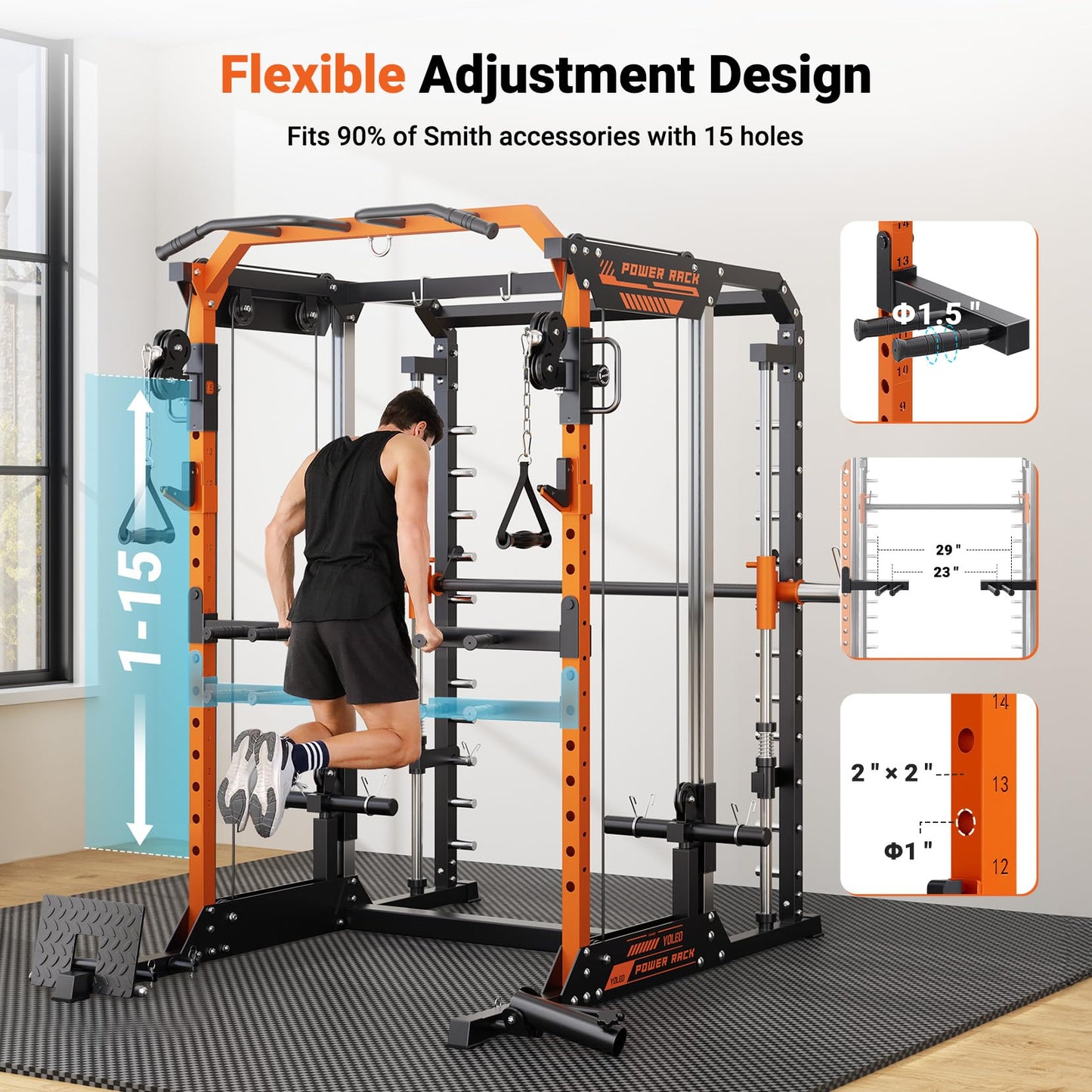 YOLEO Smith Machine with Independent Dual-Pulley System, 1800LBS Adjustable Cable Crossover Squat Rack, Multi-Functional Power Cage for Home Gym with More Workout Equipment LAT Pulldown Bar & Dip Bar