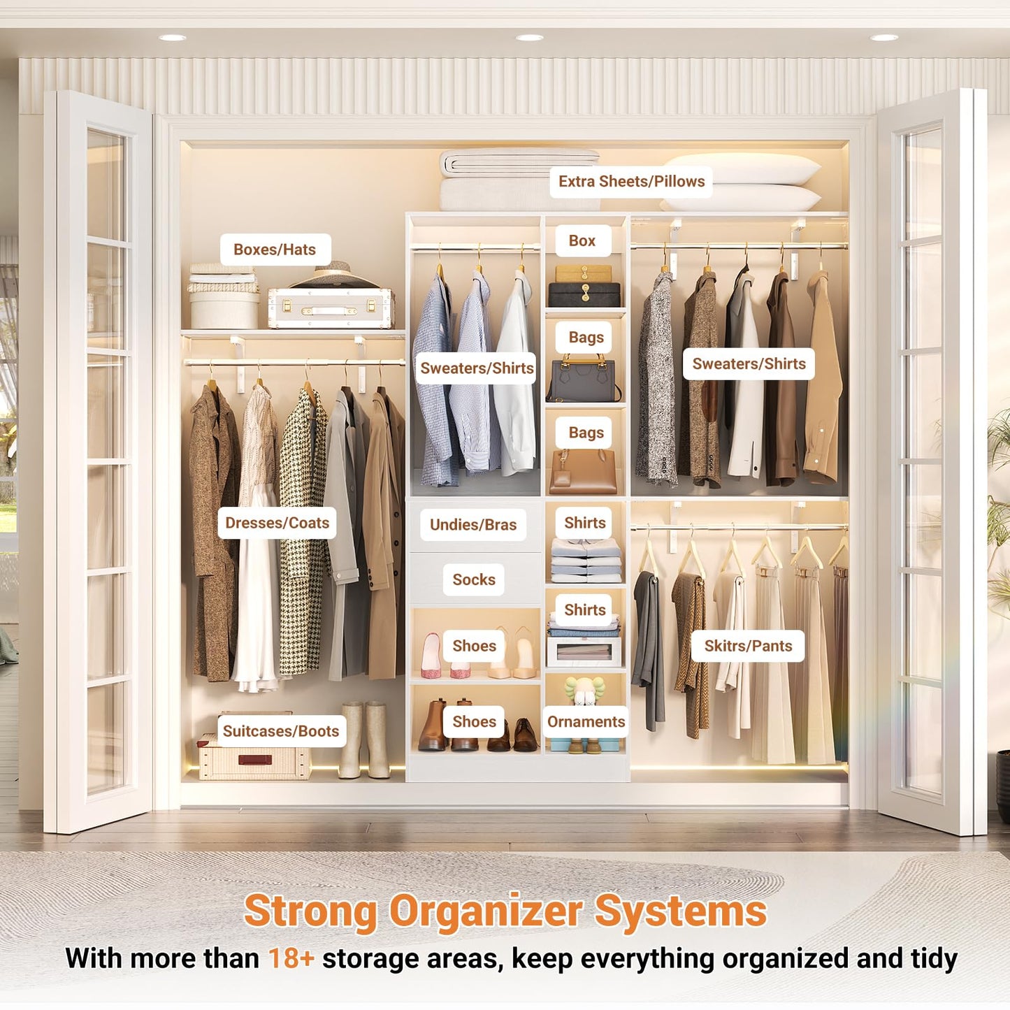 Armocity 8FT Heavy Duty Wood Closet System, 1500 LBS+ Capacity Wall Mounted Walk-in Closet Organizer with 2 Drawers & 4 Hanging Rods, 96'' Custom Bedroom Storage Wardrobe, White