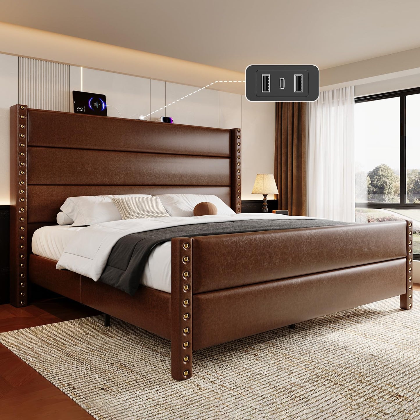 Uteeran King Size Bed Frame with Storage Shelf & Charging Station, 55" Tall Headboard & 25.6" Footboard, Faux Leather Upholstered Platform Bed with Big Rivets Wingback, Heavy Duty & Noise-Free, Brown