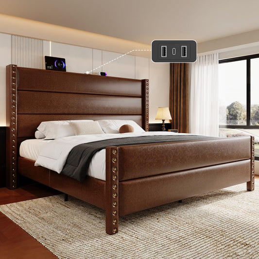 Uteeran King Size Bed Frame with Storage Shelf & Charging Station, 55" Tall Headboard & 25.6" Footboard, Faux Leather Upholstered Platform Bed with Big Rivets Wingback, Heavy Duty & Noise-Free, Brown
