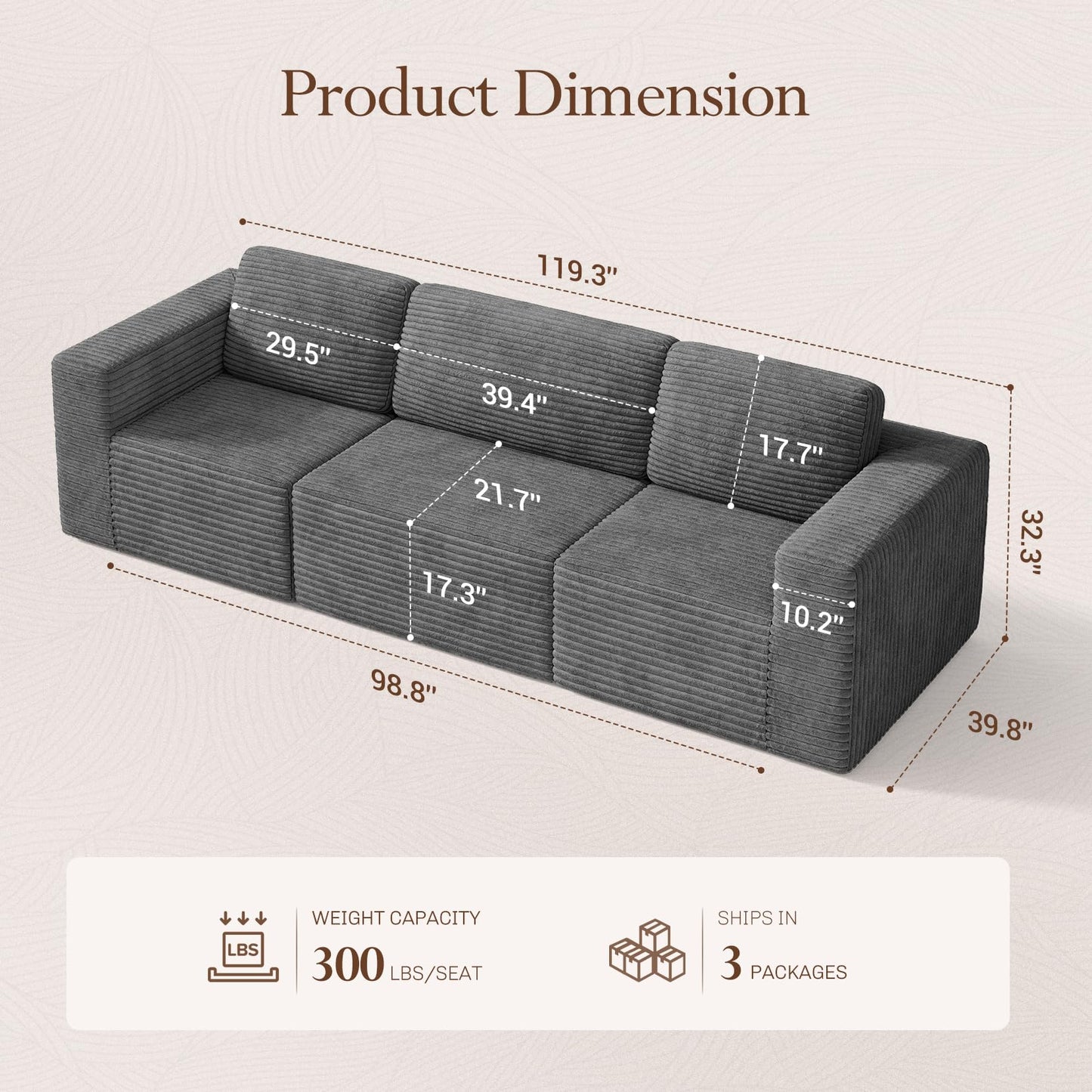 119" Modular Sofa Set, Corduroy Cloud Sectional Couch with Extra Deep Seating & Reinforced Spring System, Compact 3-Seater Boneless Sofa for Living Room & Apartment Spaces, Tool-Free Setup, Grey