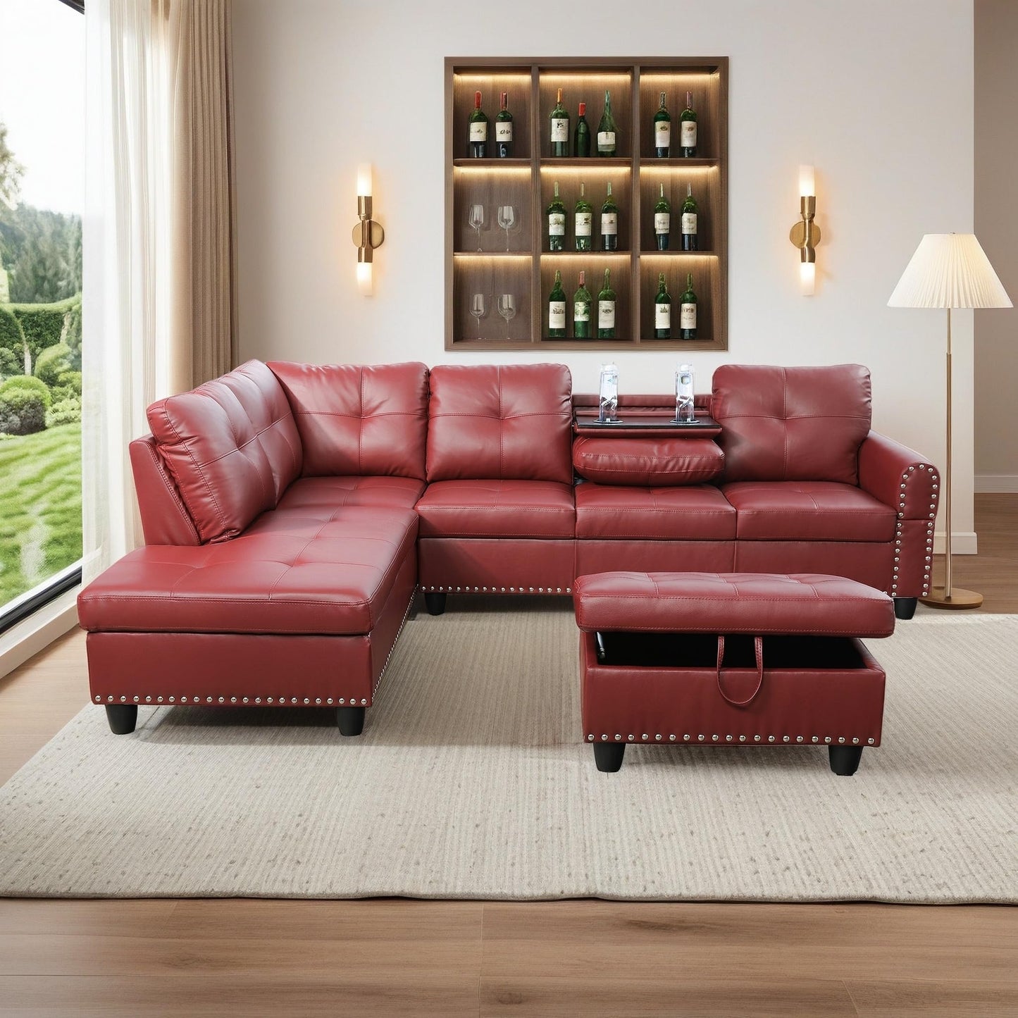 Topcomfy Leather L Shaped Sectional Couches for Living Room - 97.5“ x 69.5" Modular Sectional Sofa with Storage Ottoman, 4 Seat Home Sofa Living Room Furniture Sets with Chaise for Apartment, Red