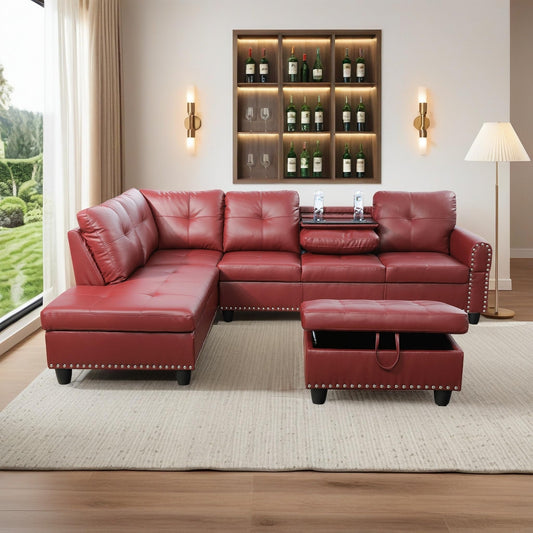 Topcomfy Leather L Shaped Sectional Couches for Living Room - 97.5“ x 69.5" Modular Sectional Sofa with Storage Ottoman, 4 Seat Home Sofa Living Room Furniture Sets with Chaise for Apartment, Red